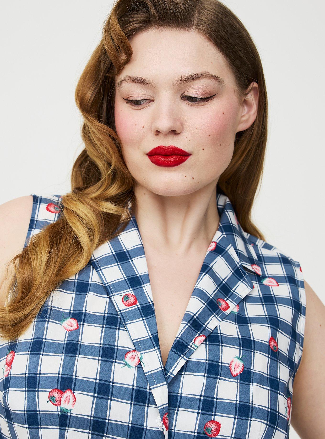Retro Chic Tie-Front Button Up, STRAWBABIES PLAID BLUE, alternate