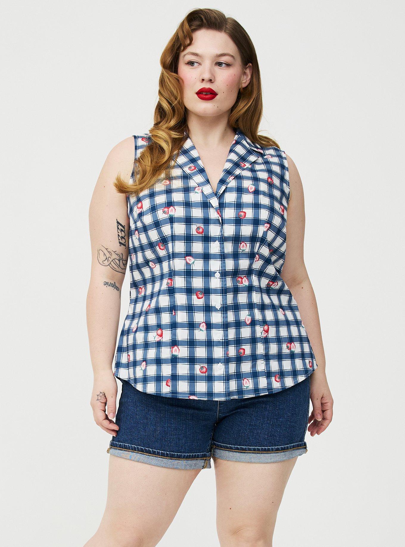 Retro Chic Tie-Front Button Up, STRAWBABIES PLAID BLUE, alternate