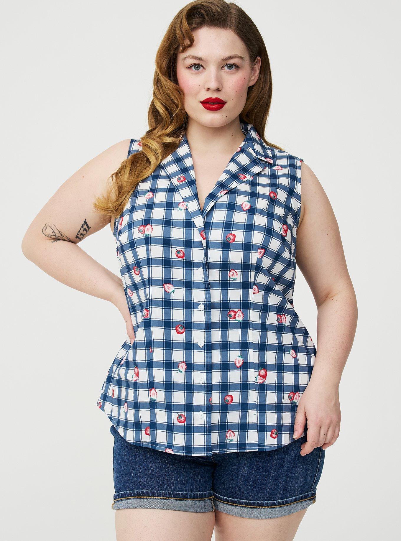 Retro Chic Tie-Front Button Up, STRAWBABIES PLAID BLUE, hi-res