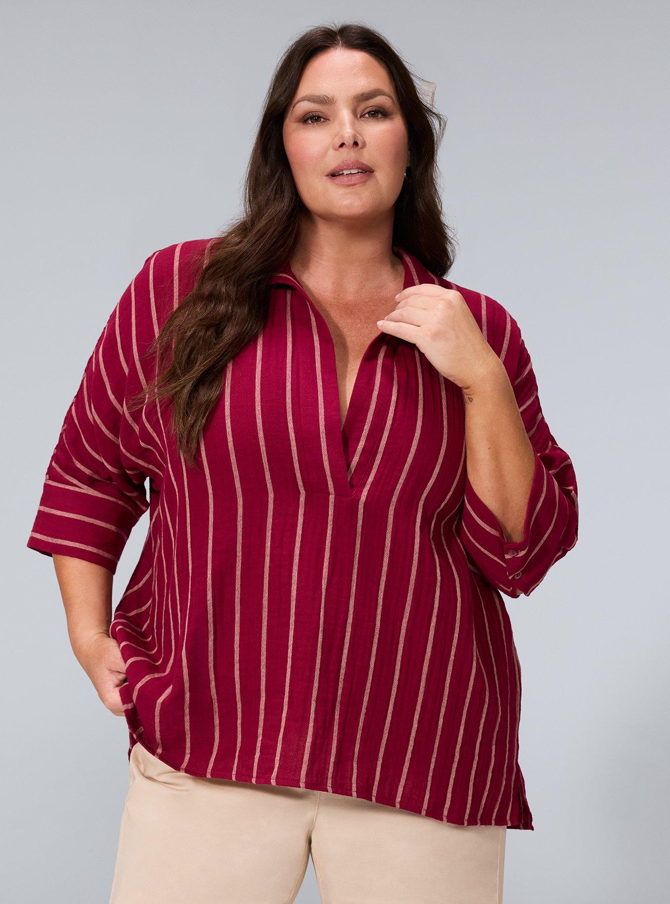 Belle Isle Cotton Linen Popover Tunic, BLEEKER STRIPE BURGUNDY, hi-res