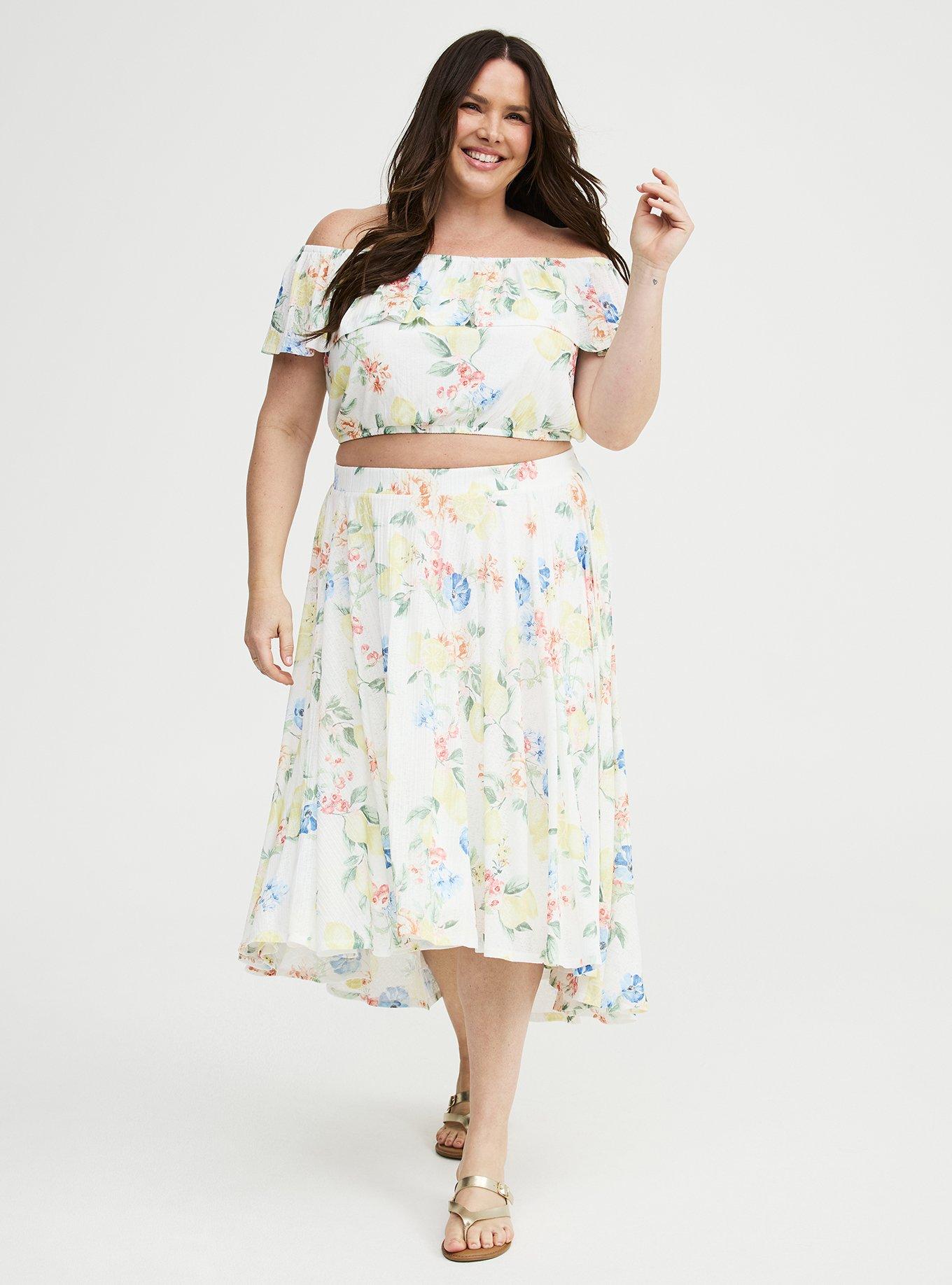 Off-Shoulder Hi-Low Skirt Set, CRUSING LEMON FLORAL WHITE, alternate