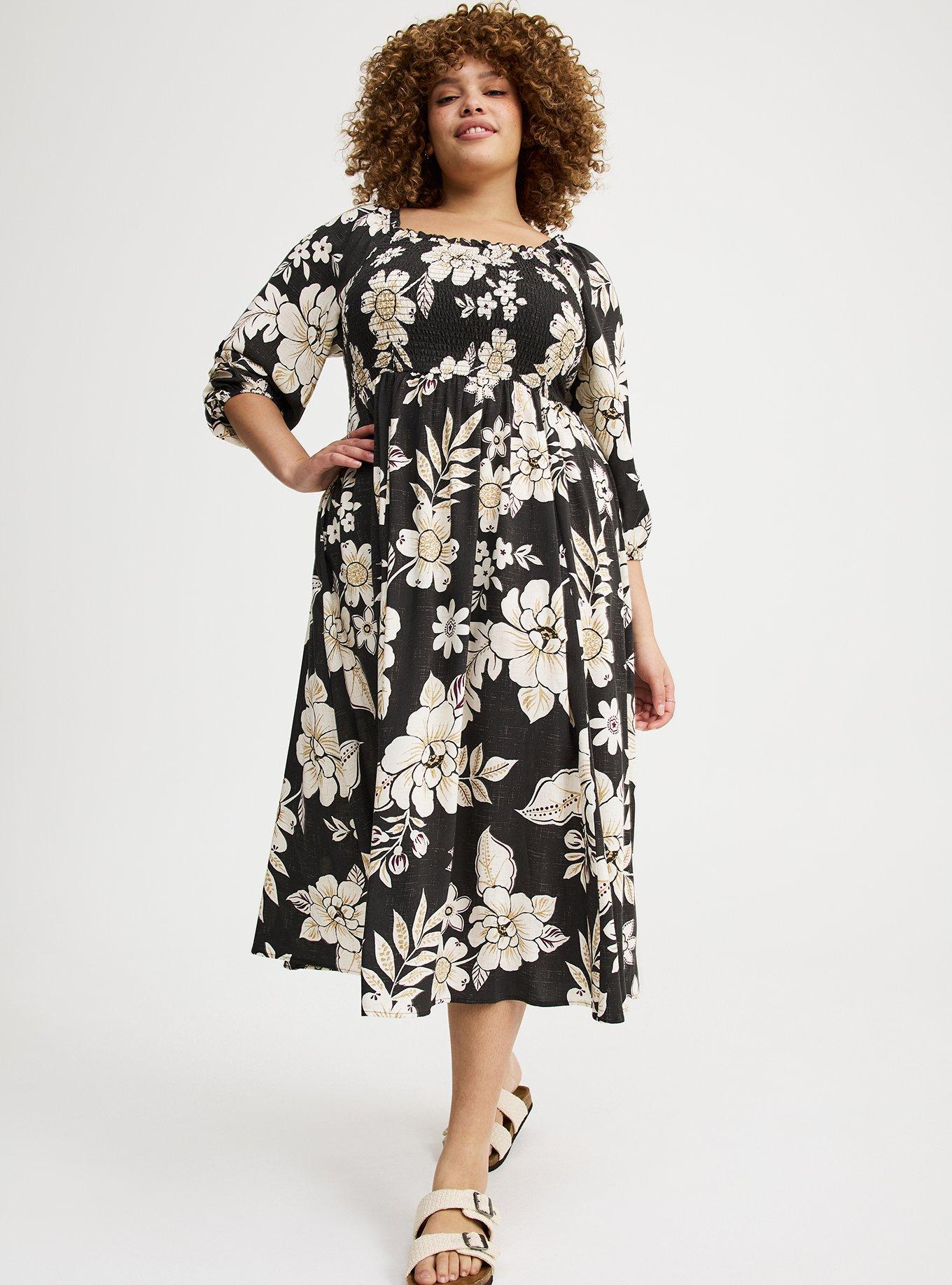 Challis Puff Sleeve Tea Length Dress