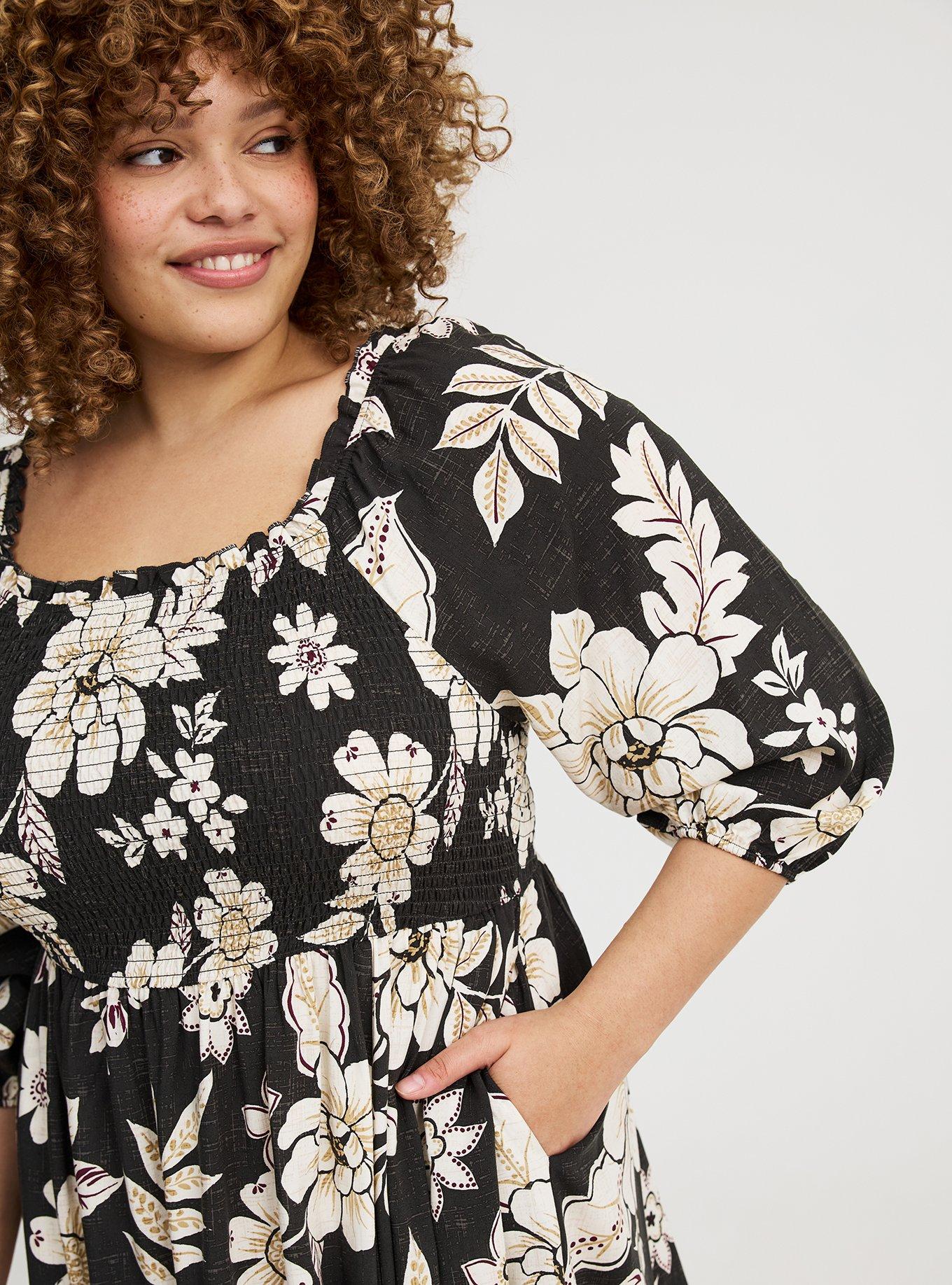 Challis Puff Sleeve Tea Length Dress