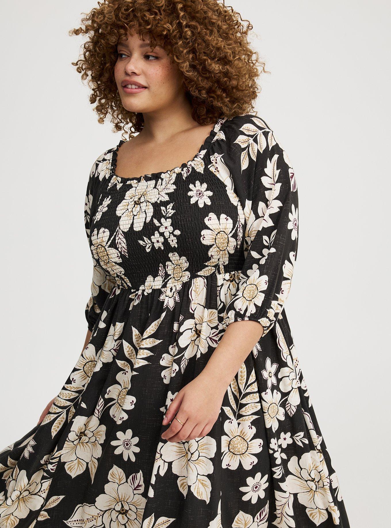 Challis Puff Sleeve Tea Length Dress