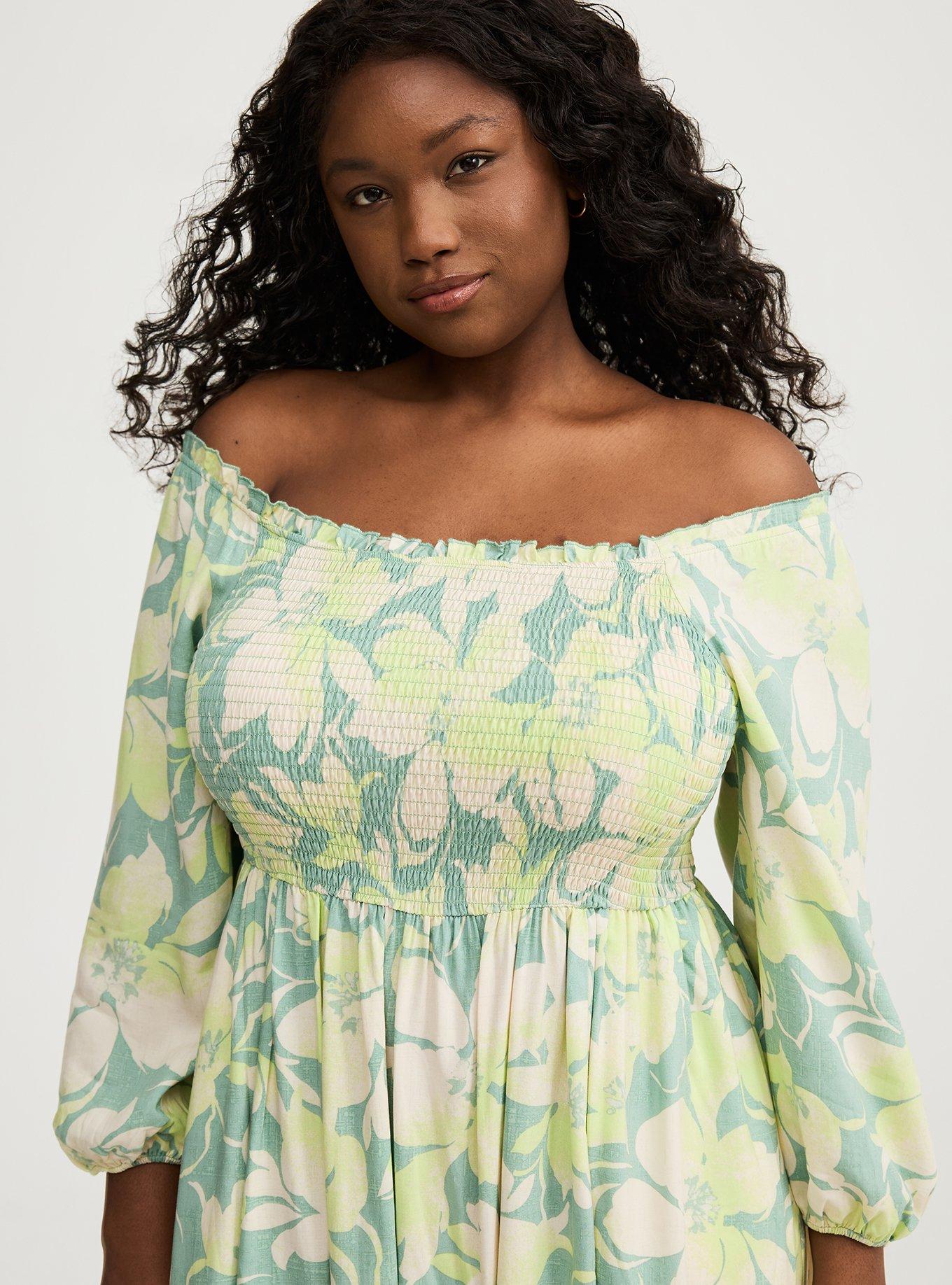 Plus Size - Challis Puff Sleeve Tea Length Dress - Torrid 1.State | Plush Luxe Puff Sleeve Lace トップ | Blue Night | S