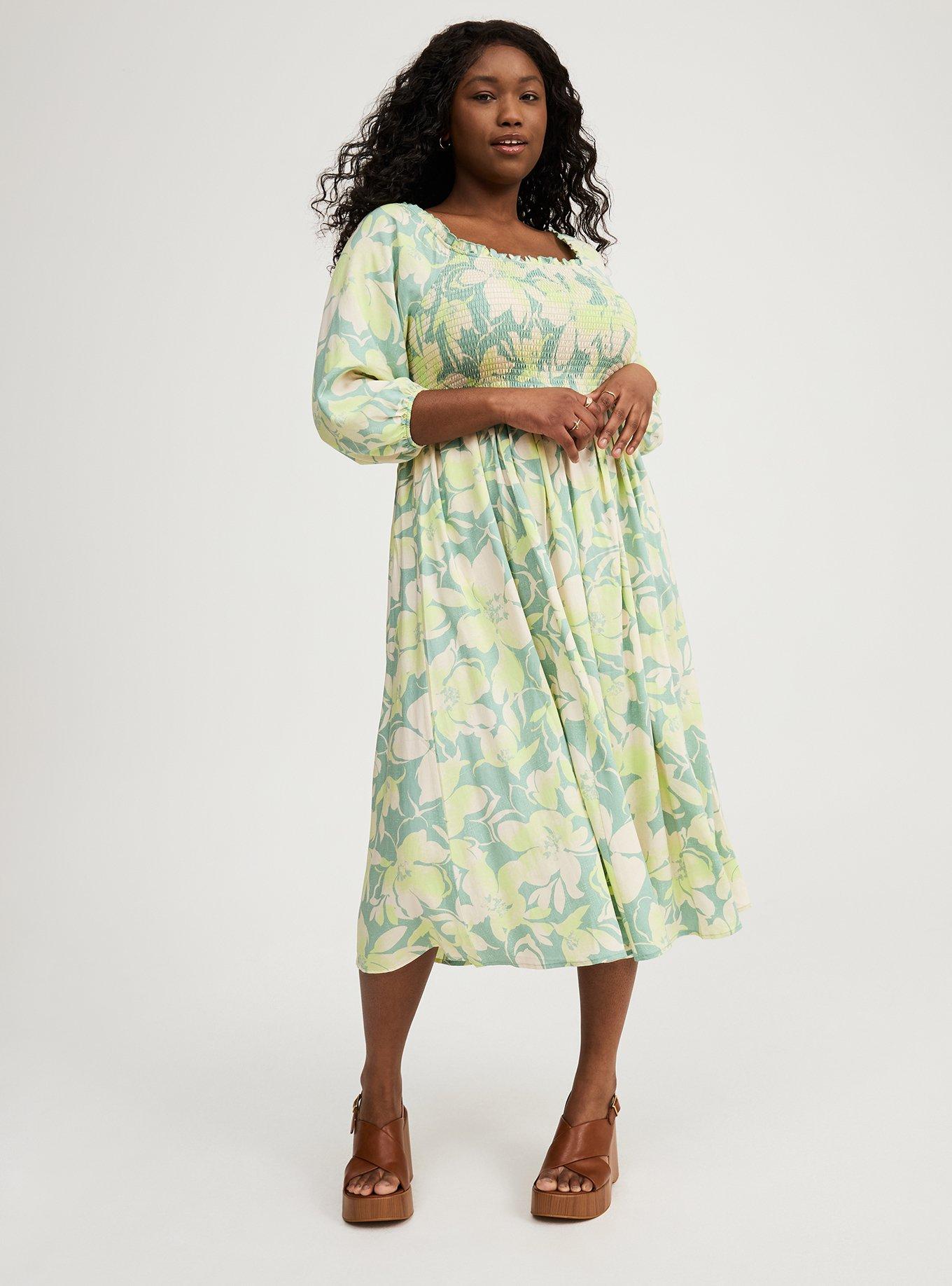 Challis Puff Sleeve Tea Length Dress