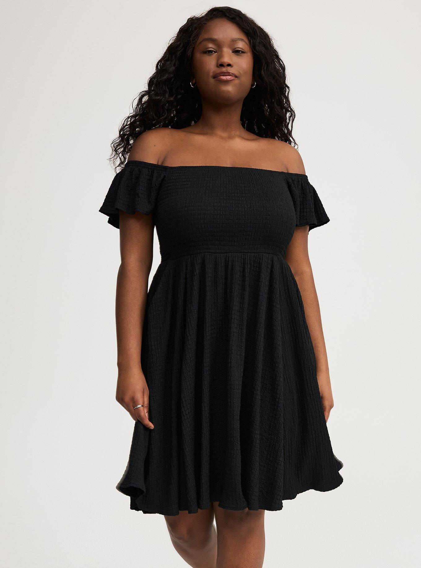 off the shoulder black mini dress Chana Off Shoulder Mini Dress in Black Rib with Lace Trim main image 1