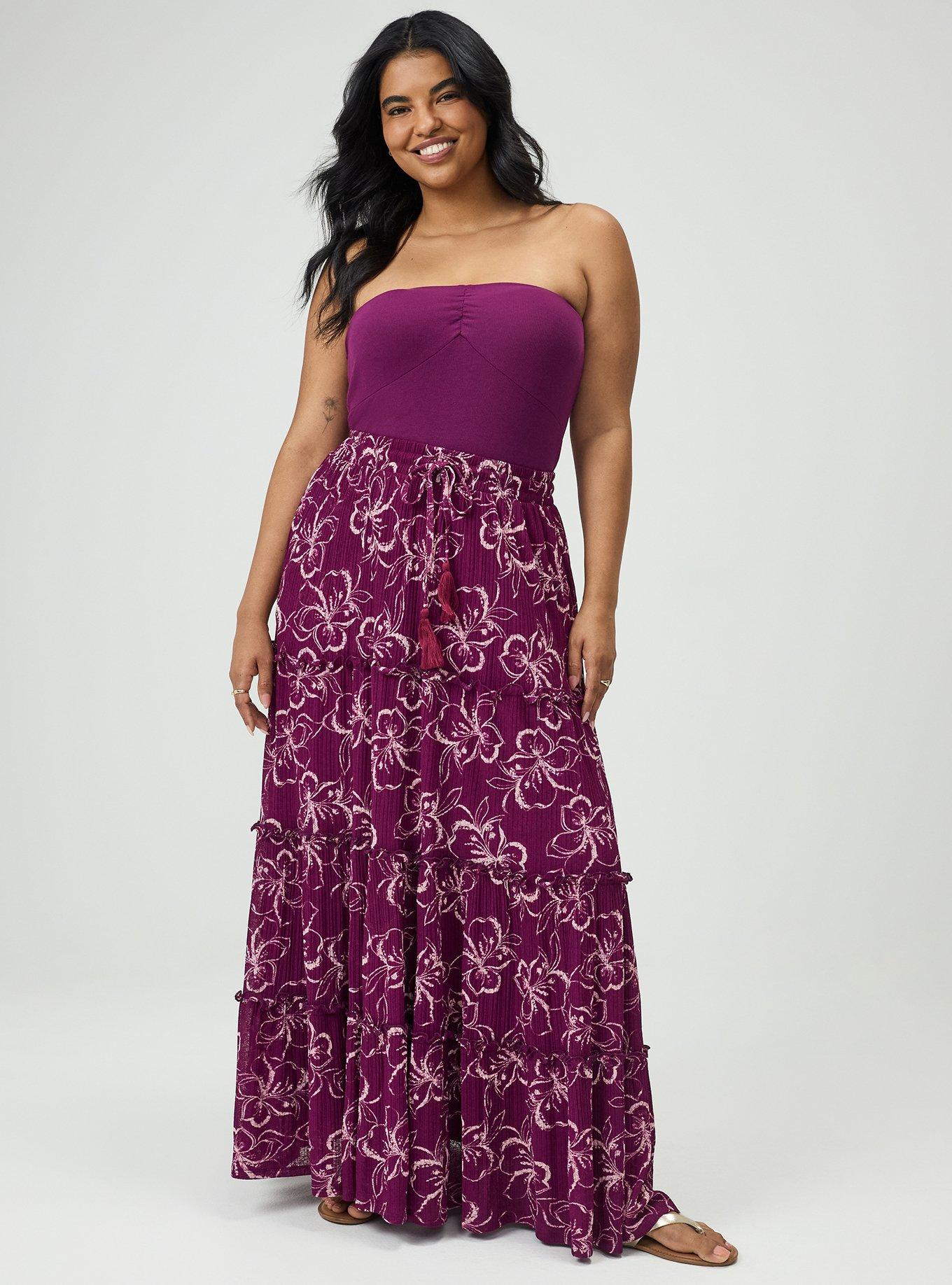 Plus Size Tiered Drawstring Maxi Skirt, TIKI TROPICAL PLUM, hi-res