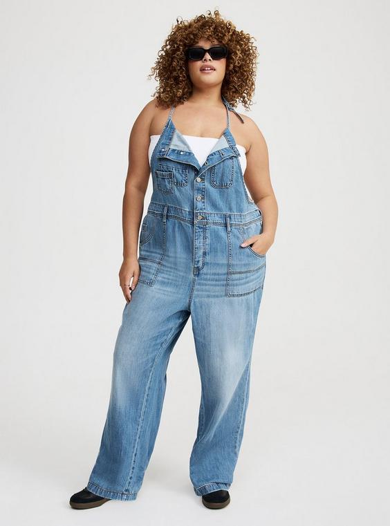 Plus Size - Button Front Denim Overall - Torrid Plus Size - Button Front Denim Overall - Torrid