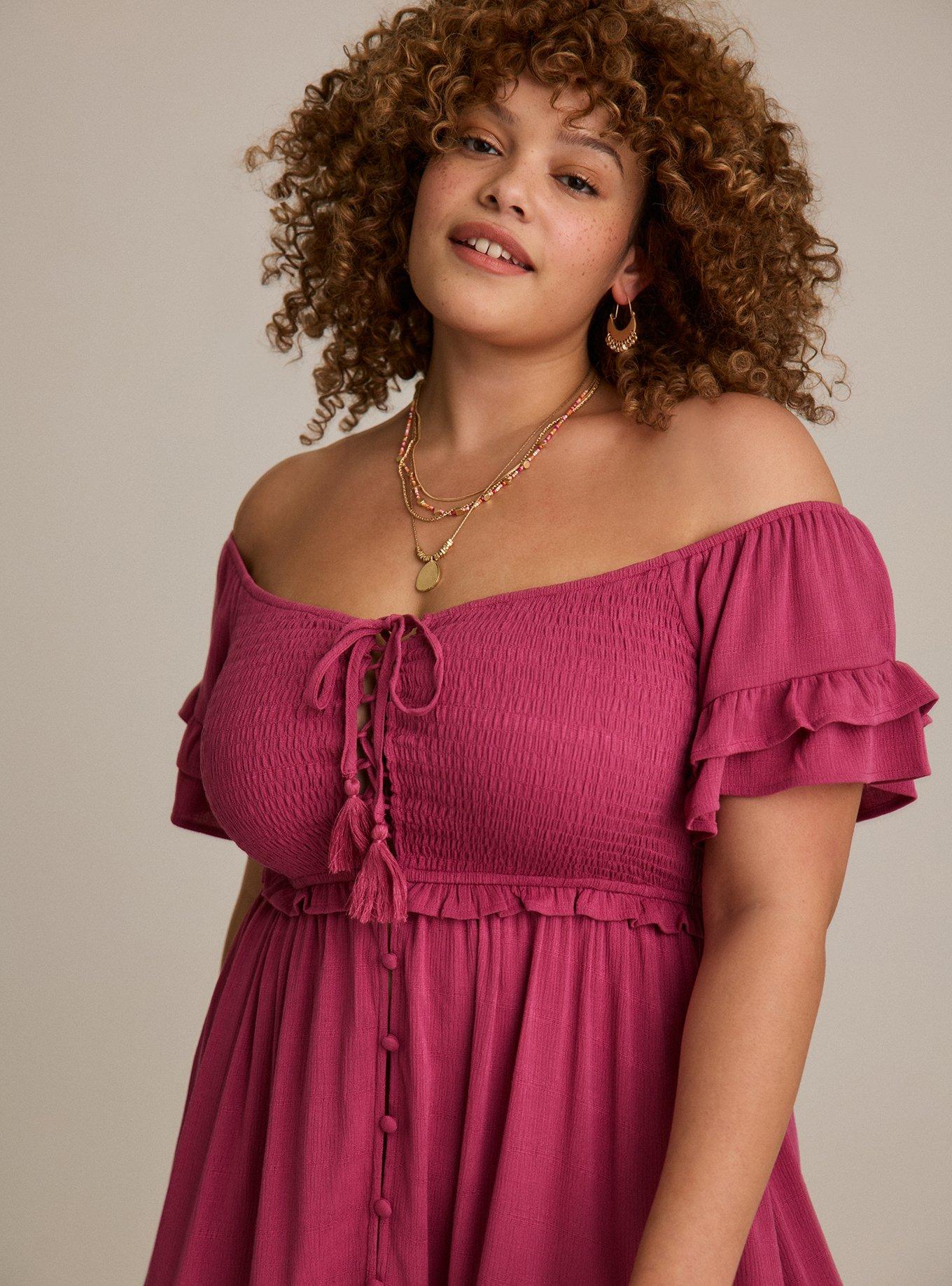 torrid off shoulder dress Plus Size - Festi Off-Shoulder Lace-Up Mini Dress