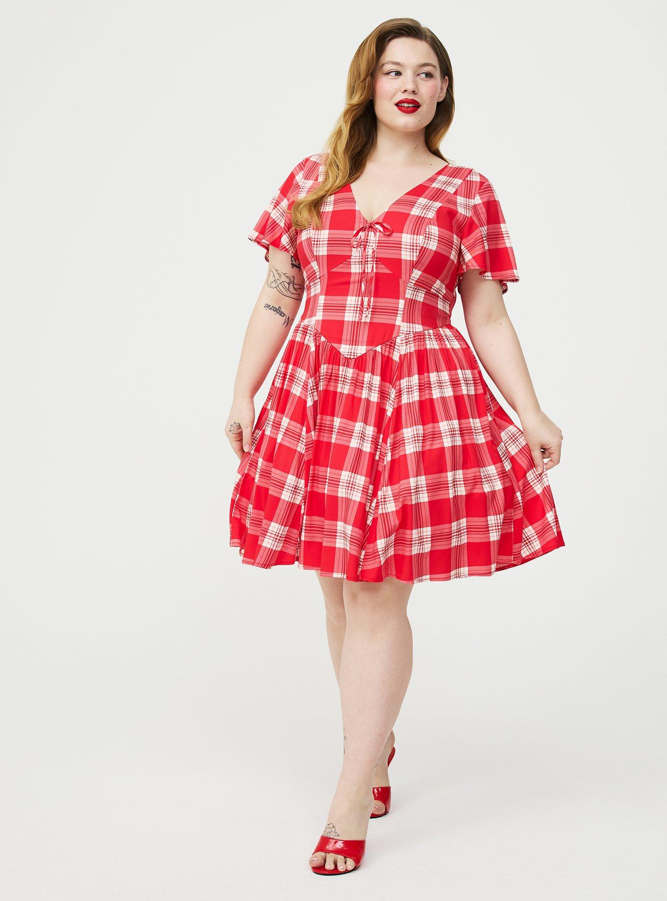 Retro Chic Futter Sleeve Swing Dress, JACKSON PLAID RED, alternate