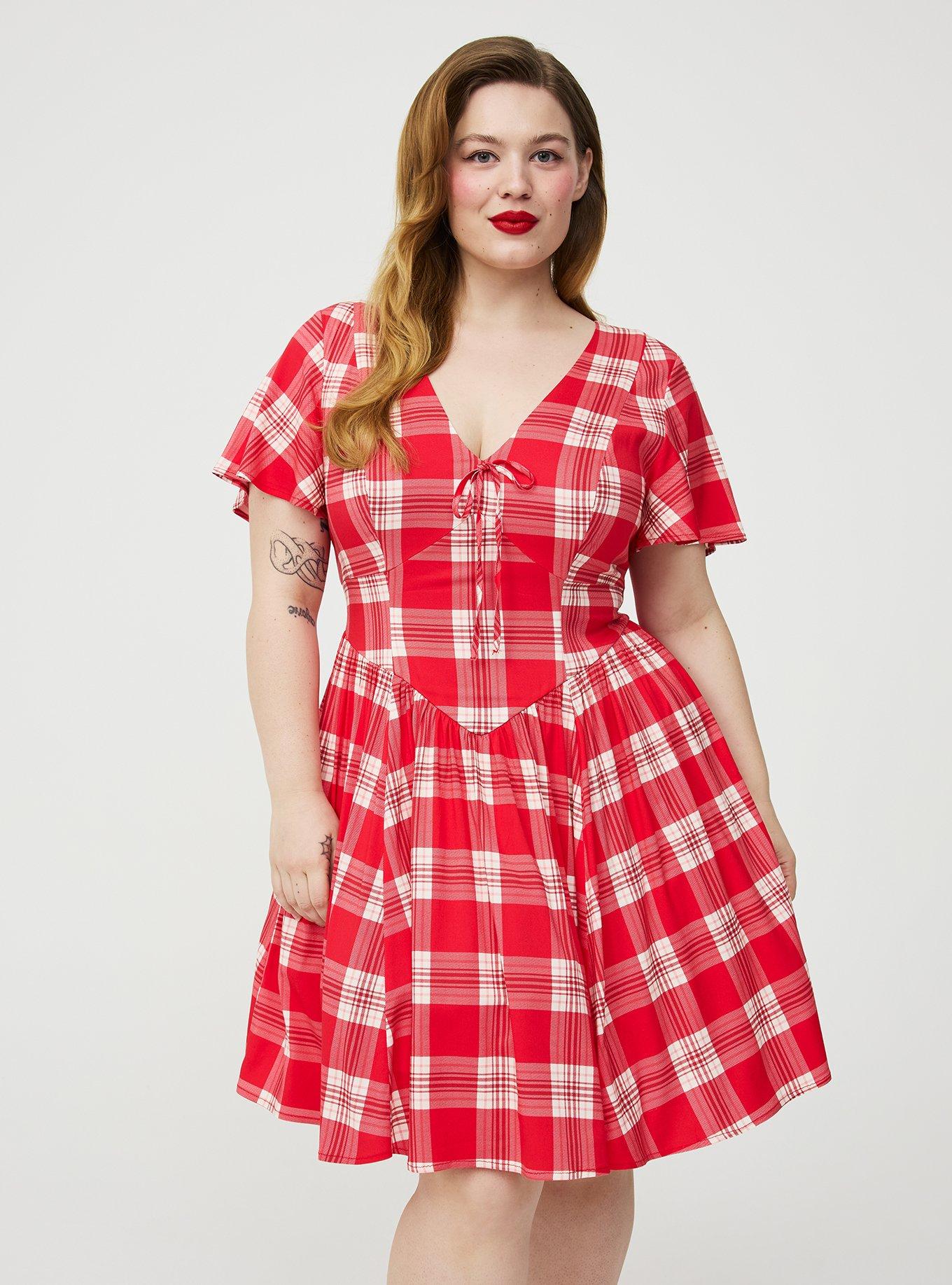 red plaid swing dress The Perfect Red Plaid Dress: the plus size Devon Swing Dress from Unique  Vintage styled for holiday and Christmas with a red pearl beret and black  T-straps