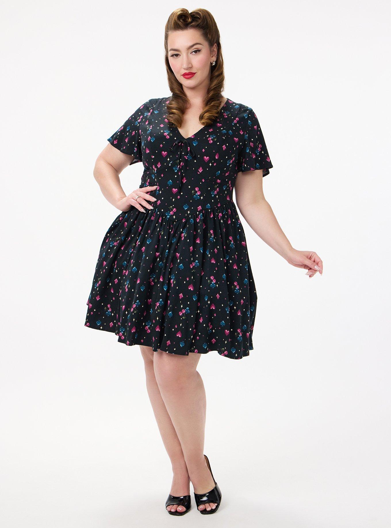 Retro Chic Flutter Sleeve Swing Mini Dress, CHERRY CARDS DEEP BLACK, alternate