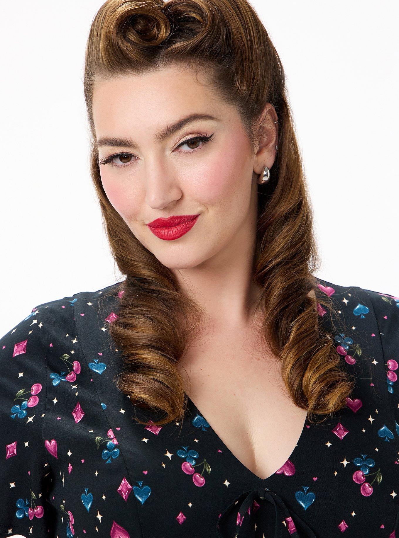 Retro Chic Flutter Sleeve Swing Mini Dress, CHERRY CARDS DEEP BLACK, alternate