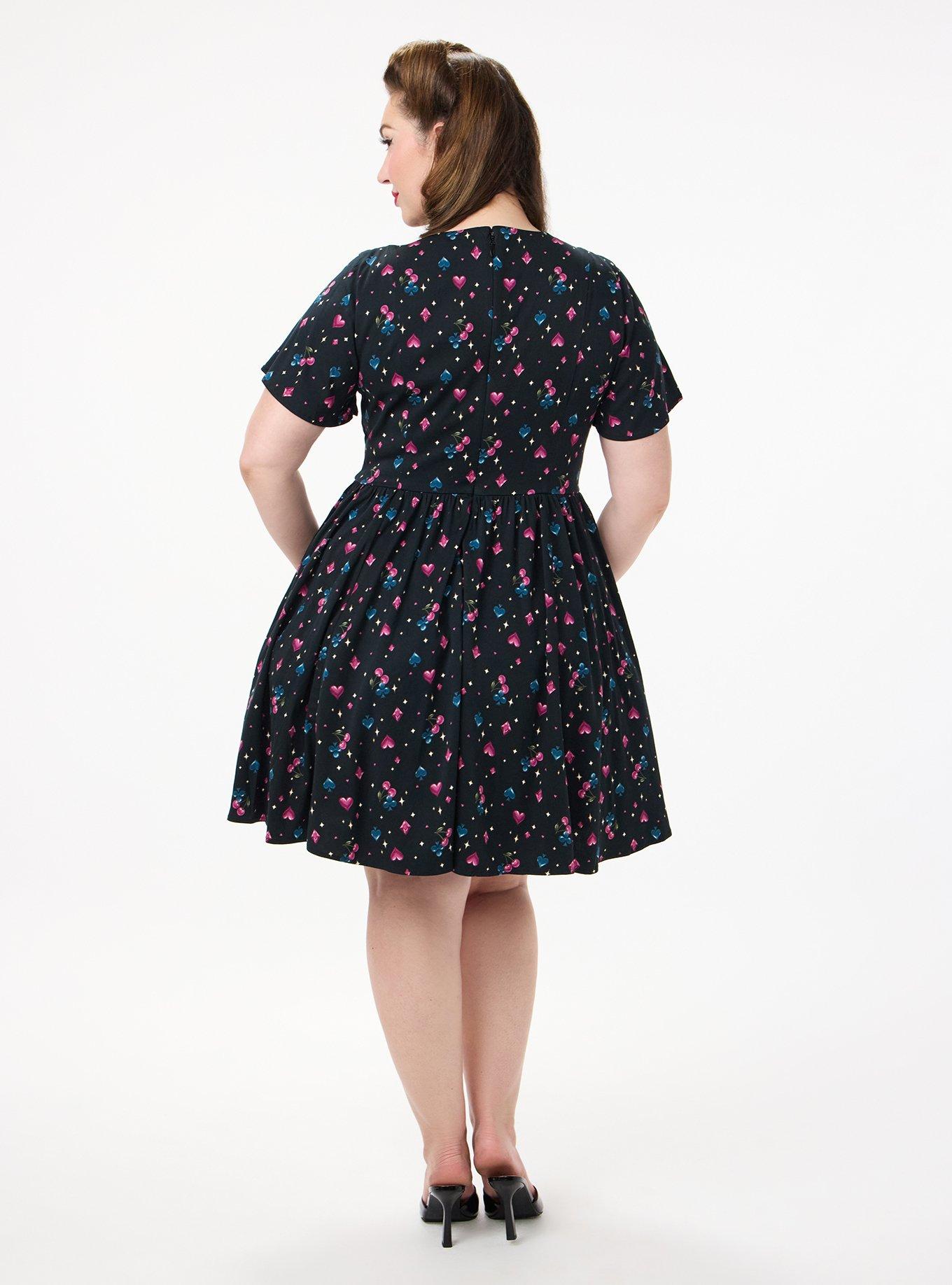Retro Chic Flutter Sleeve Swing Mini Dress, CHERRY CARDS DEEP BLACK, alternate
