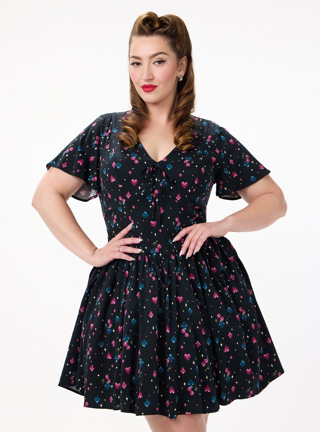 Retro Chic Flutter Sleeve Swing Mini Dress, CHERRY CARDS DEEP BLACK, alternate
