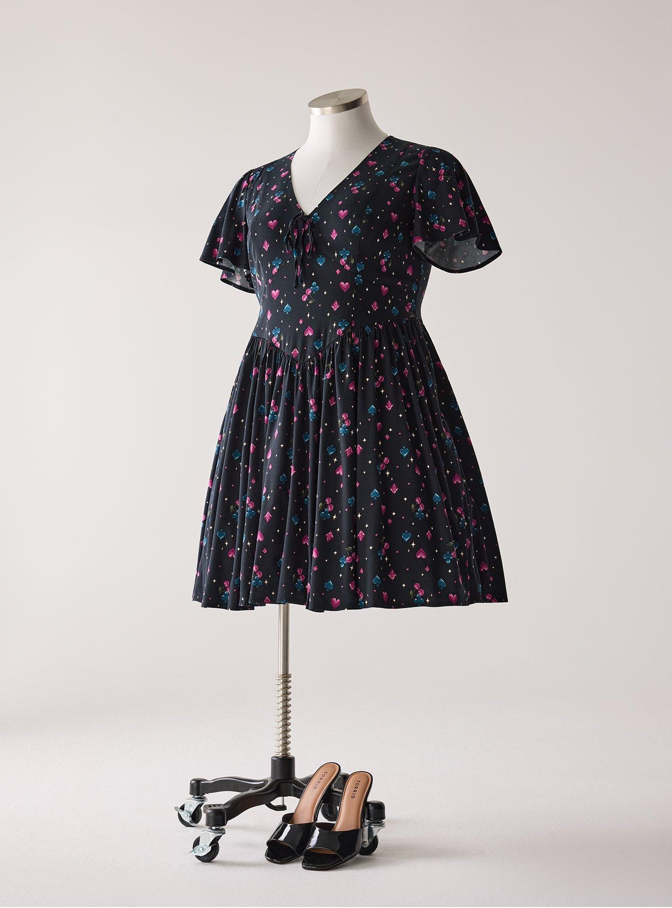 Retro Chic Flutter Sleeve Swing Mini Dress, CHERRY CARDS DEEP BLACK, hi-res