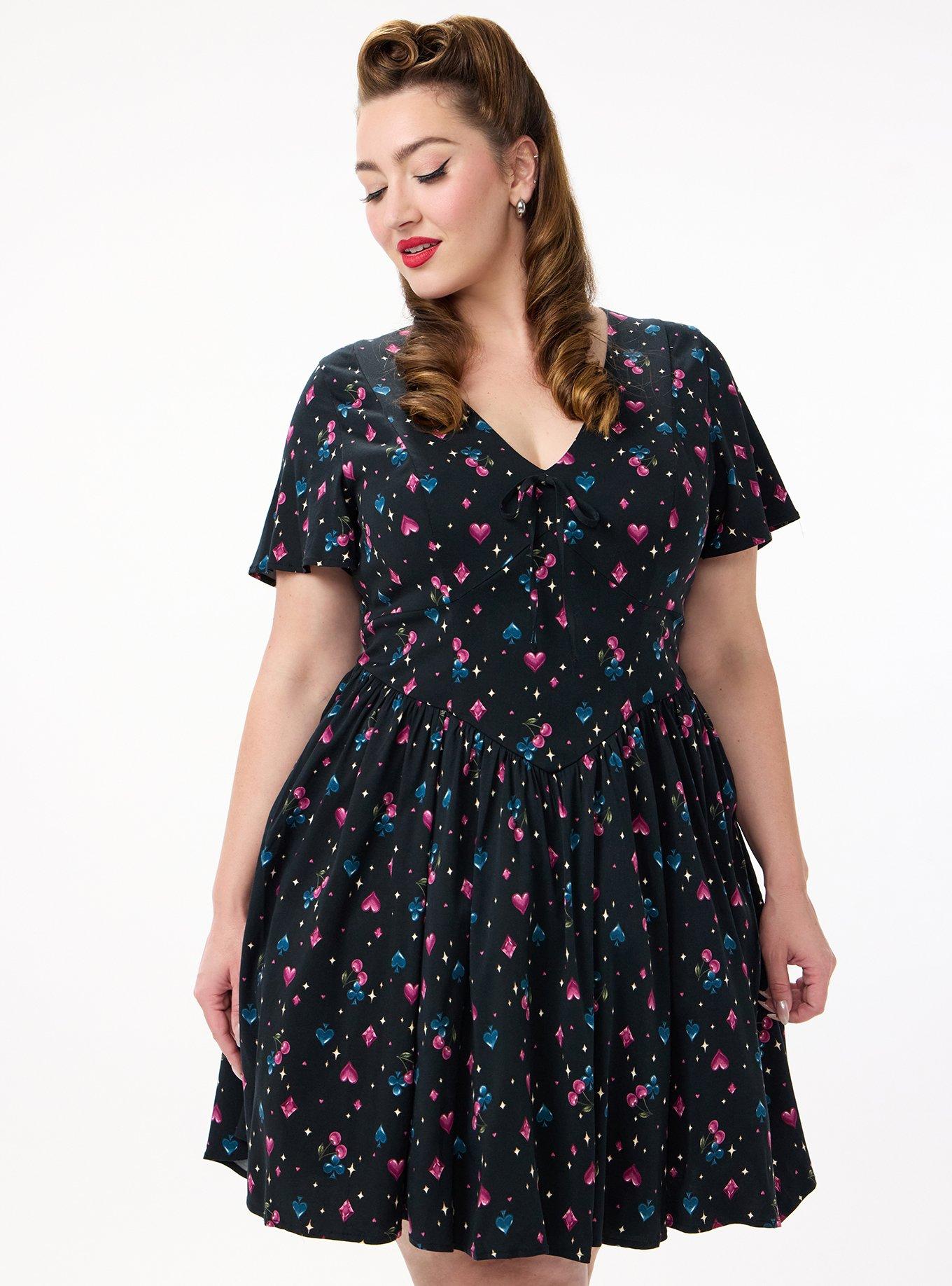 Retro Chic Flutter Sleeve Swing Mini Dress, CHERRY CARDS DEEP BLACK, hi-res