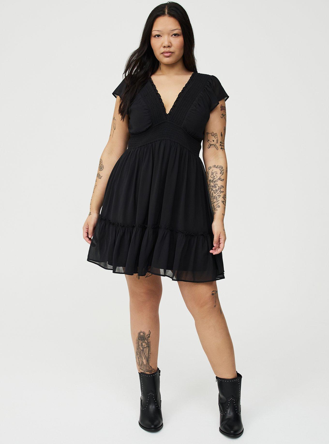 mini black chiffon dress Omari Black Chiffon Polka Dot Ruffled Neckline Mini Dress L / US 8-10 main image 1