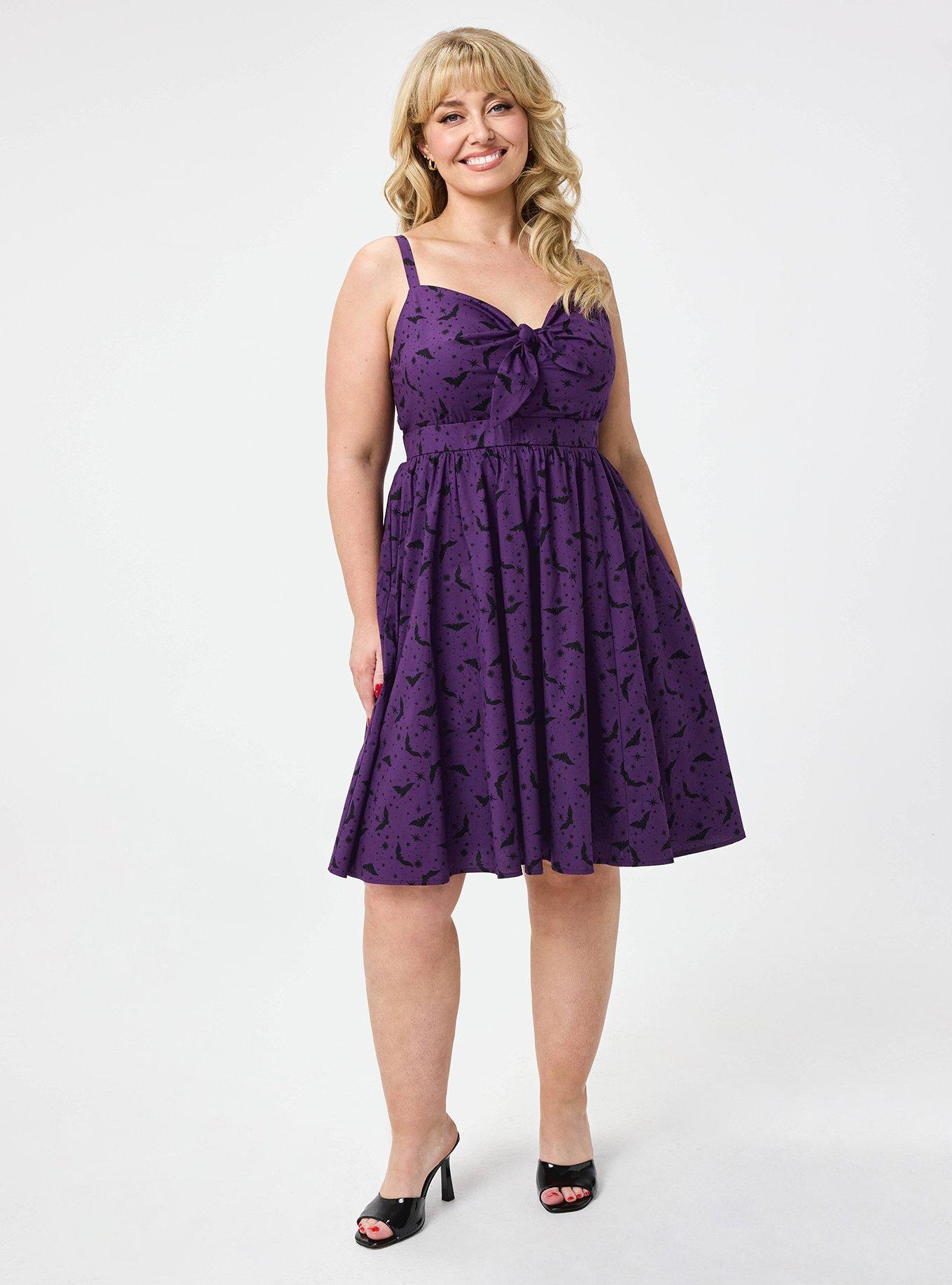 Retro Chic Tie-Front Skater Mini Dress, MOON BATS PURPLE, alternate