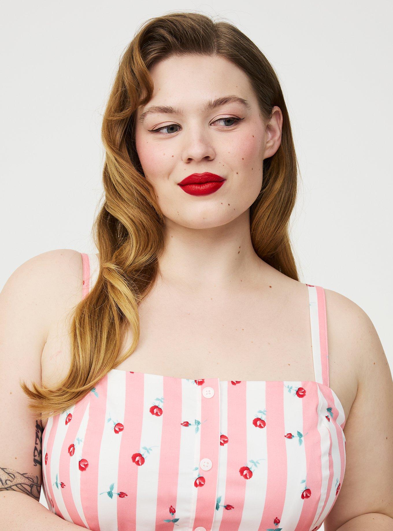 Plus Size Retro Chic Button Front Midi Dress, KENT ROSE FLORAL STRIPE PINK, alternate