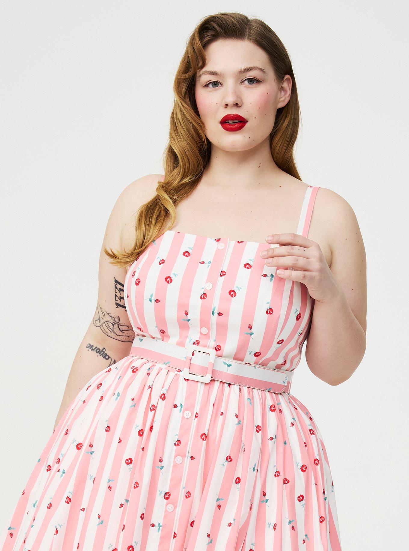 Plus Size Retro Chic Button Front Midi Dress, KENT ROSE FLORAL STRIPE PINK, alternate