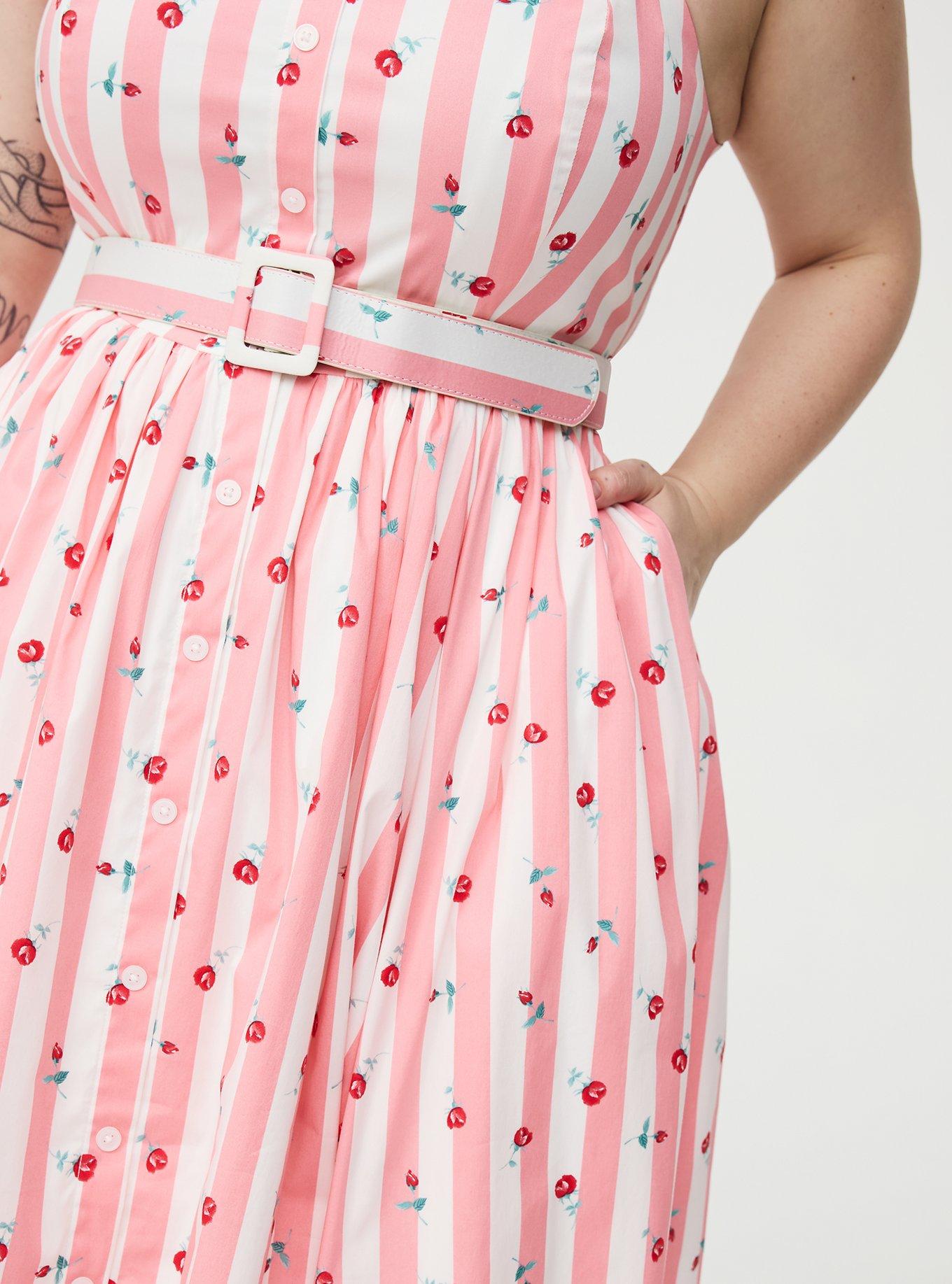 Plus Size Retro Chic Button Front Midi Dress, KENT ROSE FLORAL STRIPE PINK, alternate