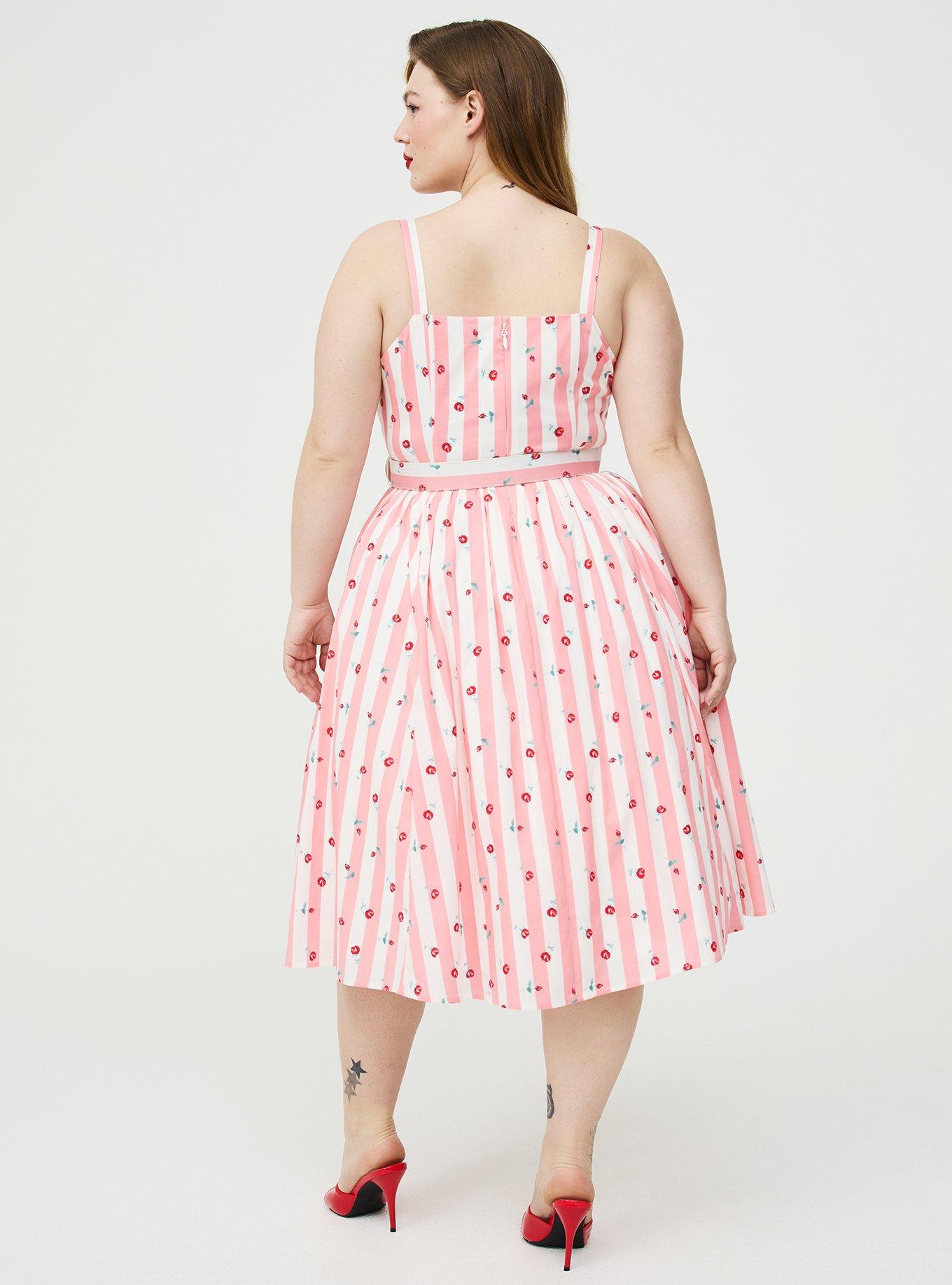 Plus Size Retro Chic Button Front Midi Dress, KENT ROSE FLORAL STRIPE PINK, alternate