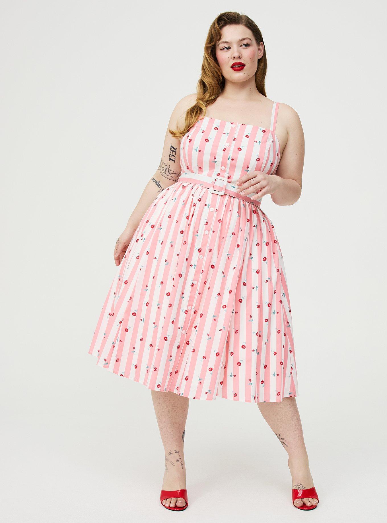 Plus Size Retro Chic Button Front Midi Dress, KENT ROSE FLORAL STRIPE PINK, alternate