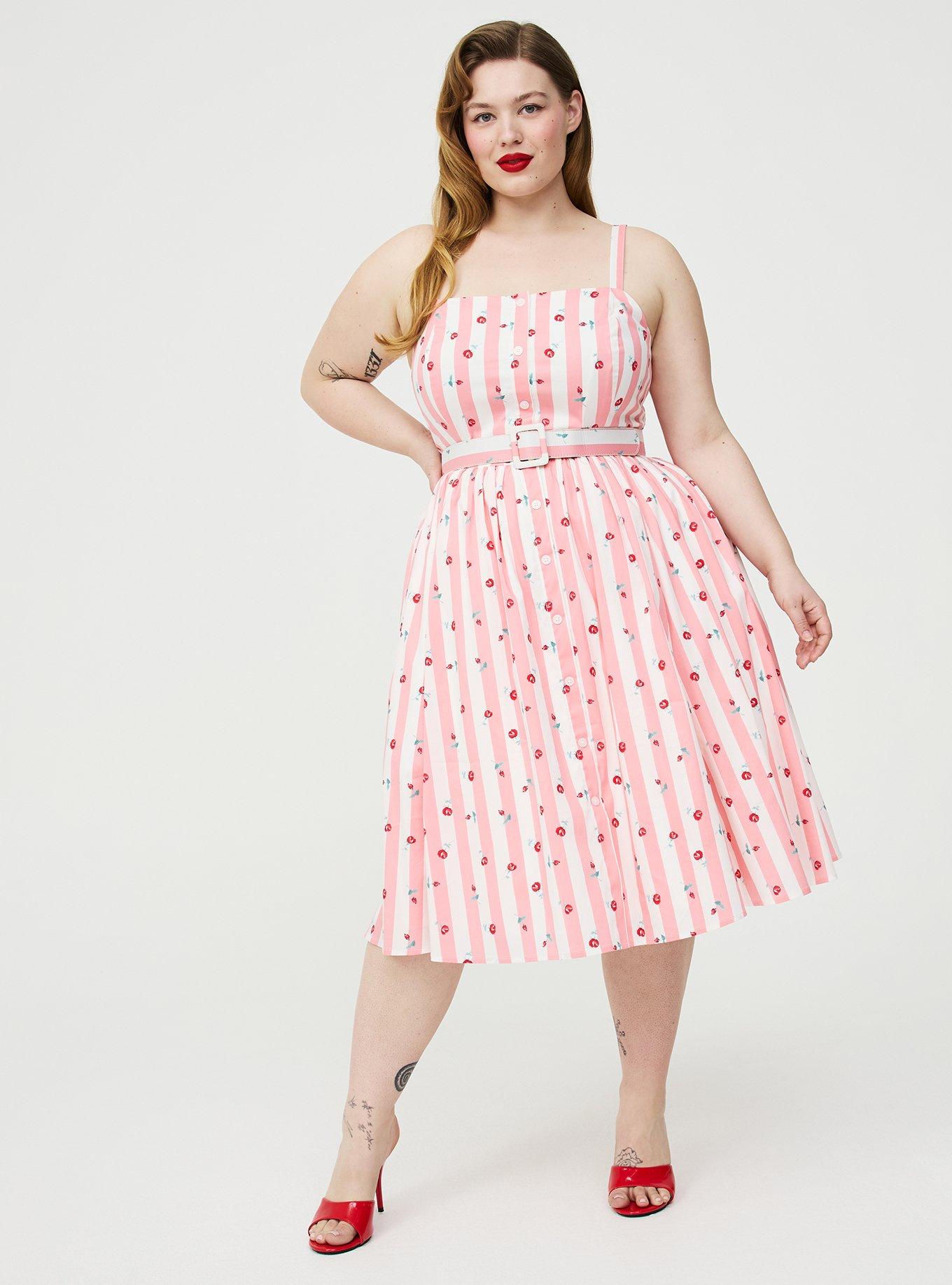 Retro Chic Button Front Midi Dress, KENT ROSE FLORAL STRIPE PINK, hi-res