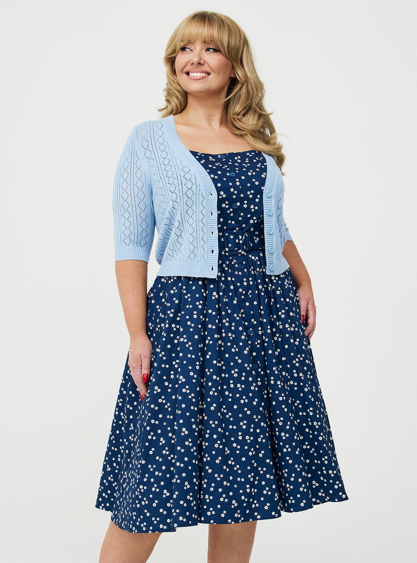 Retro Chic Button Front Midi Dress, FLOWING DITSY NAVY, alternate