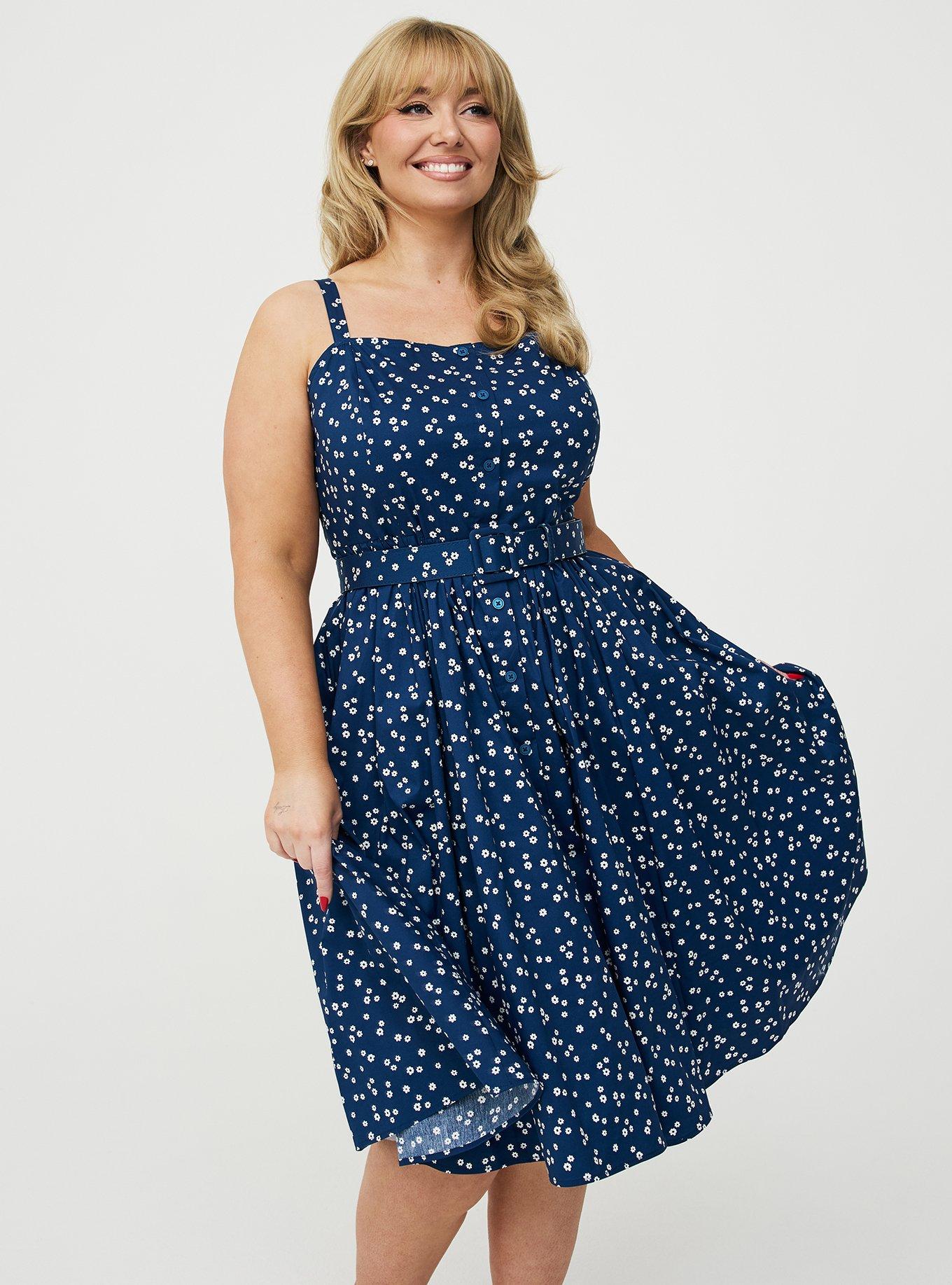 Retro Chic Button Front Midi Dress, FLOWING DITSY NAVY, hi-res