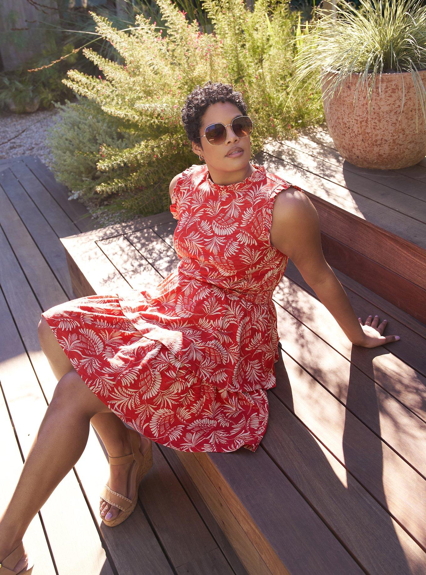 Belle Isle Ruffle Neck Mini Dress, DRIFTWOOD PALMS RED, alternate