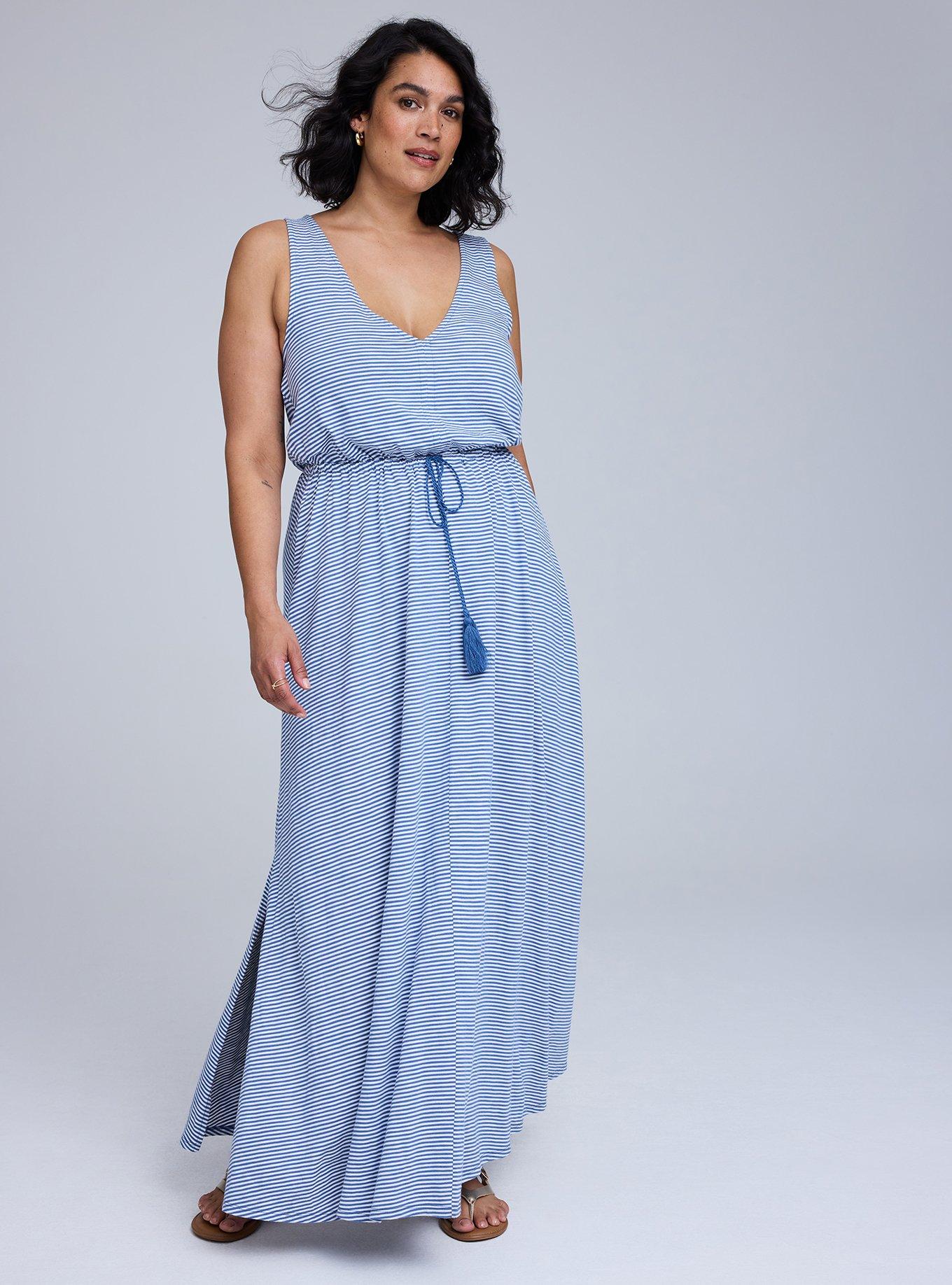 blue and white maxi dress plus size Yours Women's Plus Size Cobalt Blue Leaf Print Tiered Maxi Dress Size 10