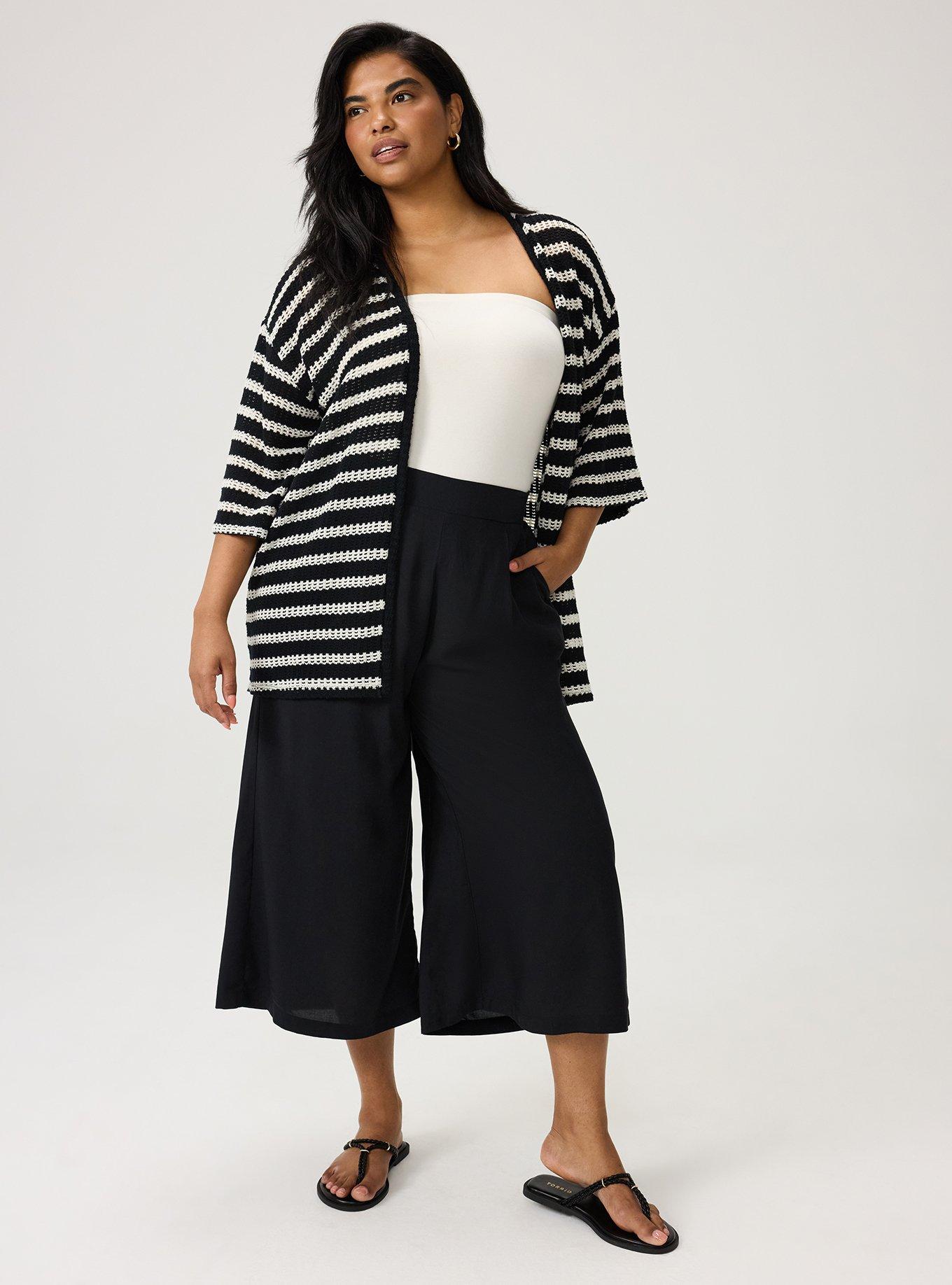 Hacci Open Front Cardigan, BLACK WHITE CROCHET STRIPE, alternate