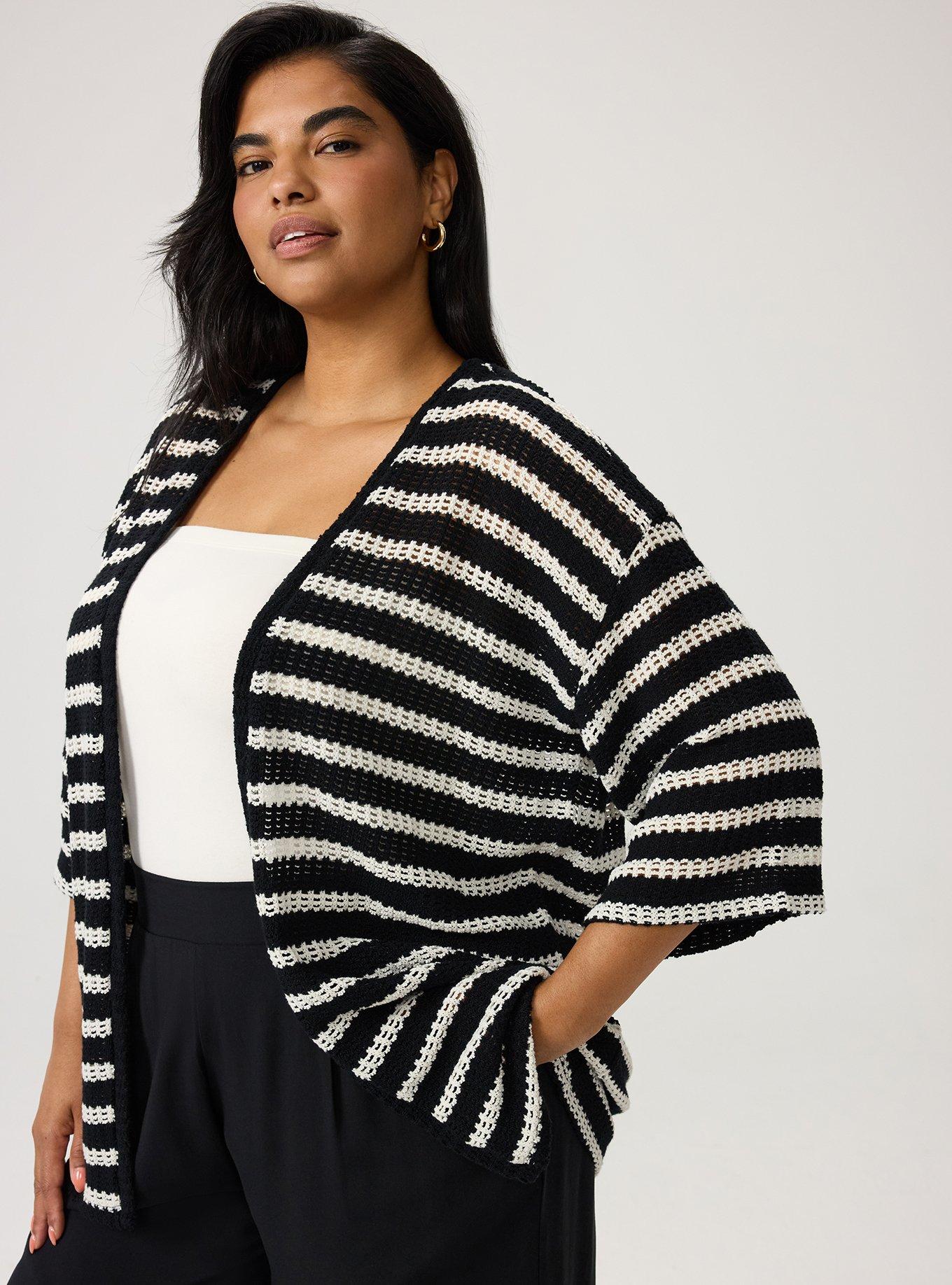 Hacci Open Front Cardigan, BLACK WHITE CROCHET STRIPE, alternate