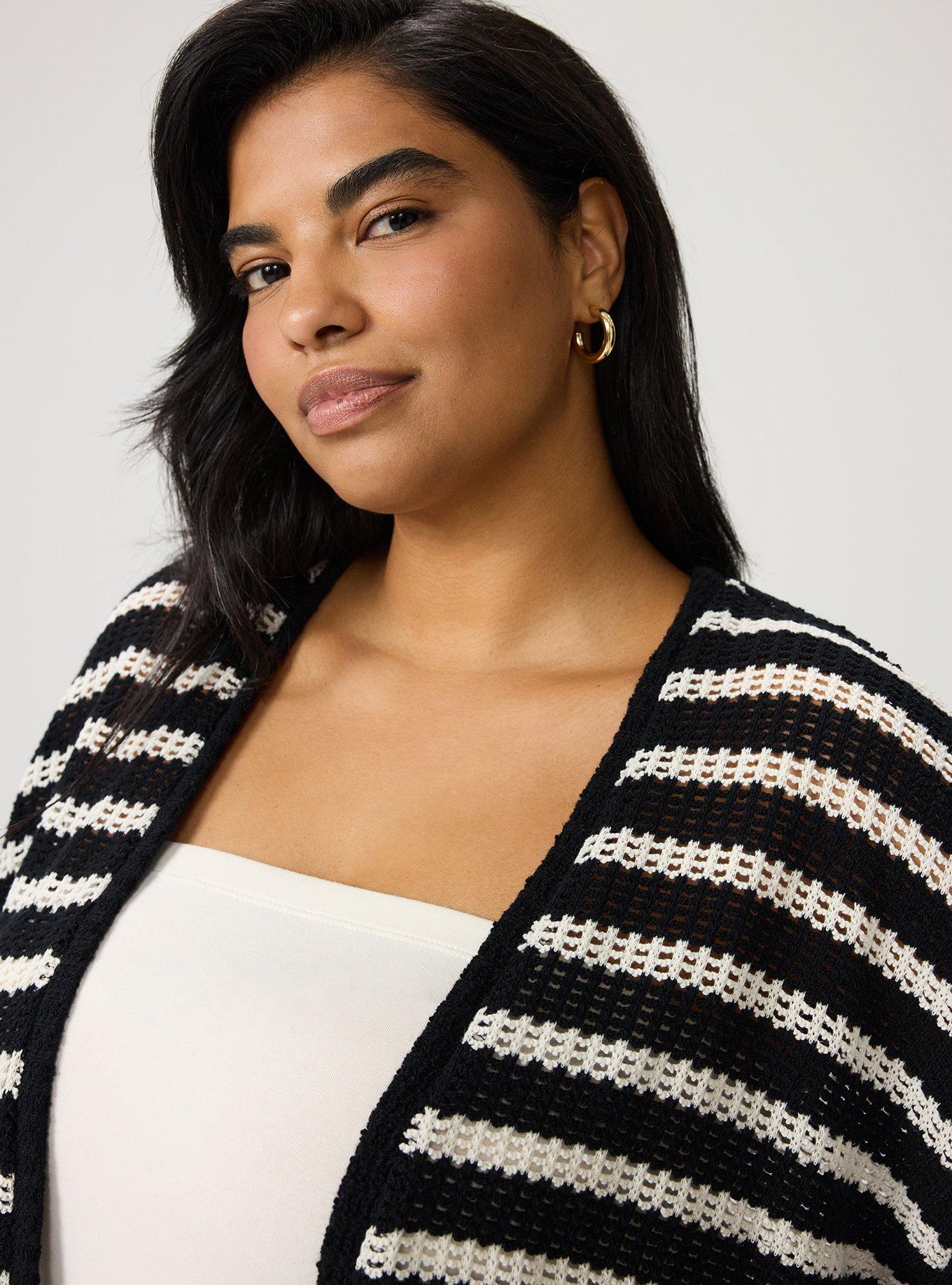 Hacci Open Front Cardigan, BLACK WHITE CROCHET STRIPE, alternate