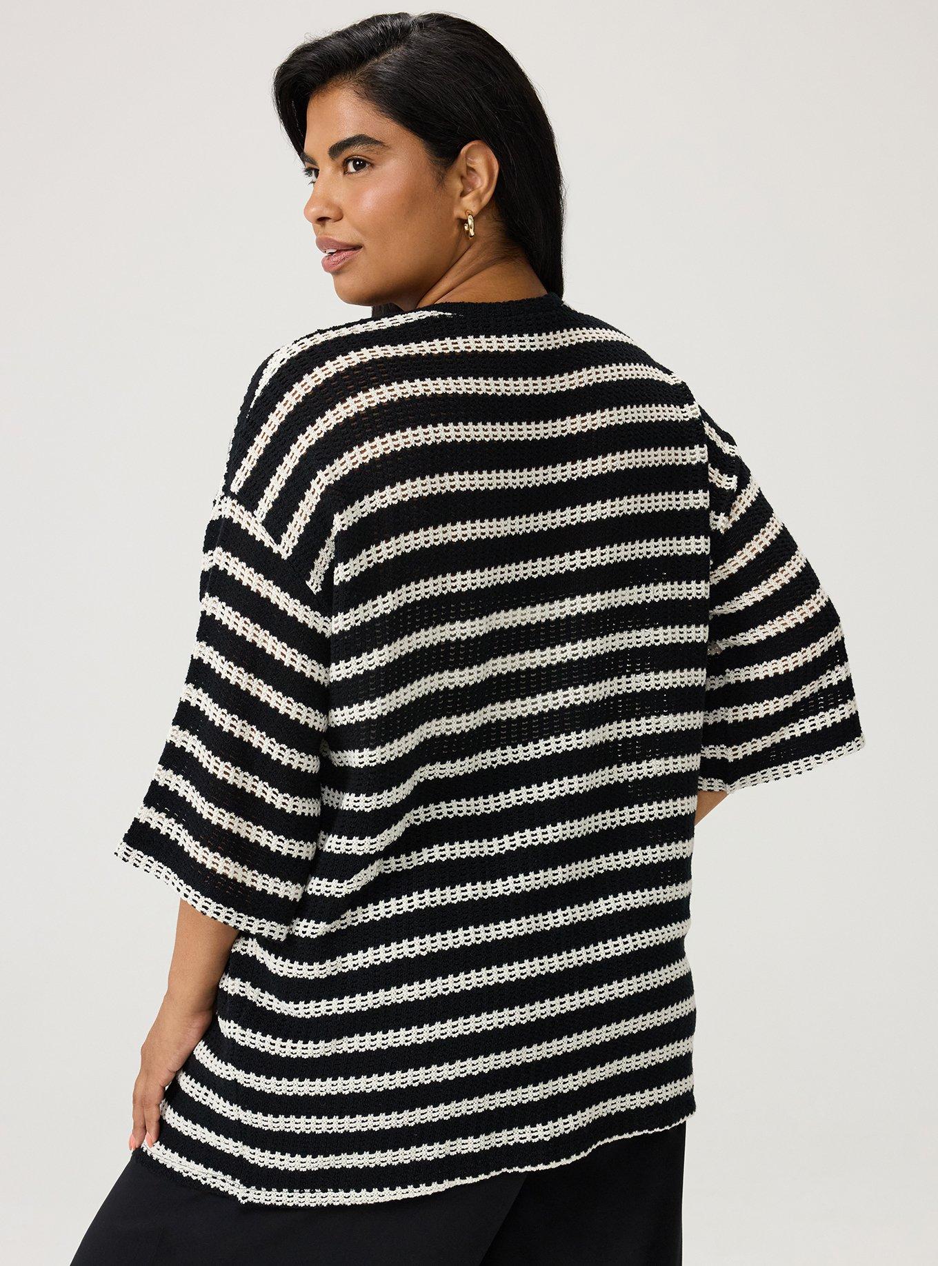 Hacci Open Front Cardigan, BLACK WHITE CROCHET STRIPE, alternate