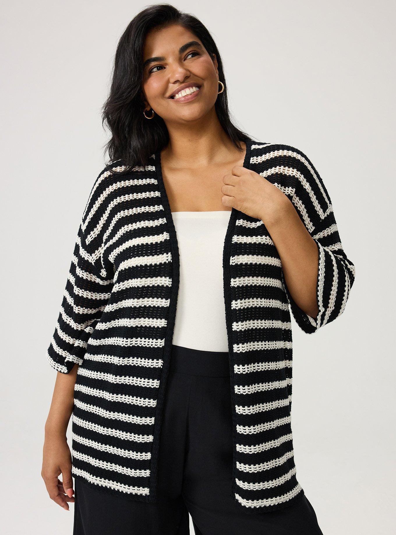 Hacci Open Front Cardigan, BLACK WHITE CROCHET STRIPE, alternate