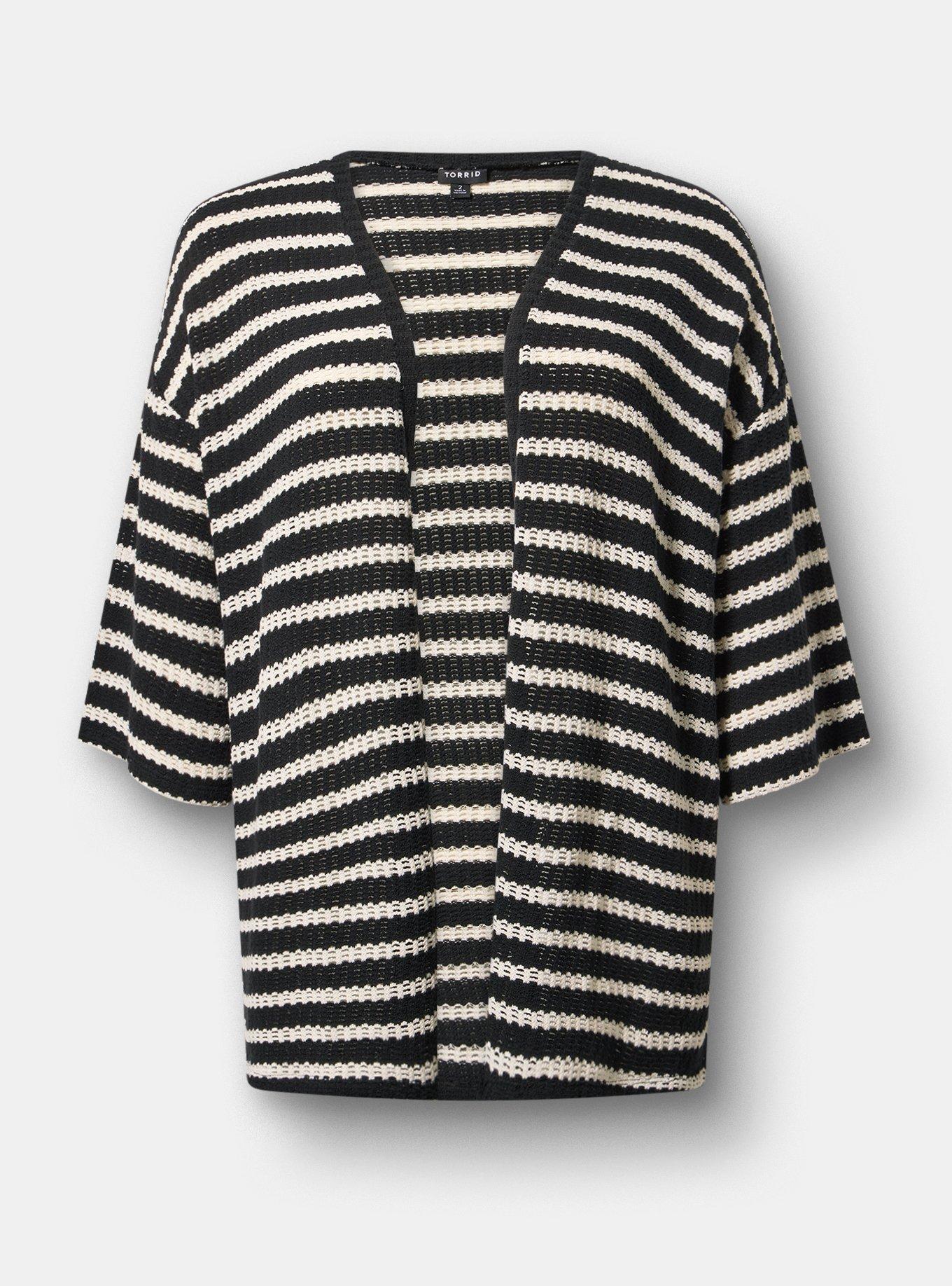 Hacci Open Front Cardigan, BLACK WHITE CROCHET STRIPE, flat