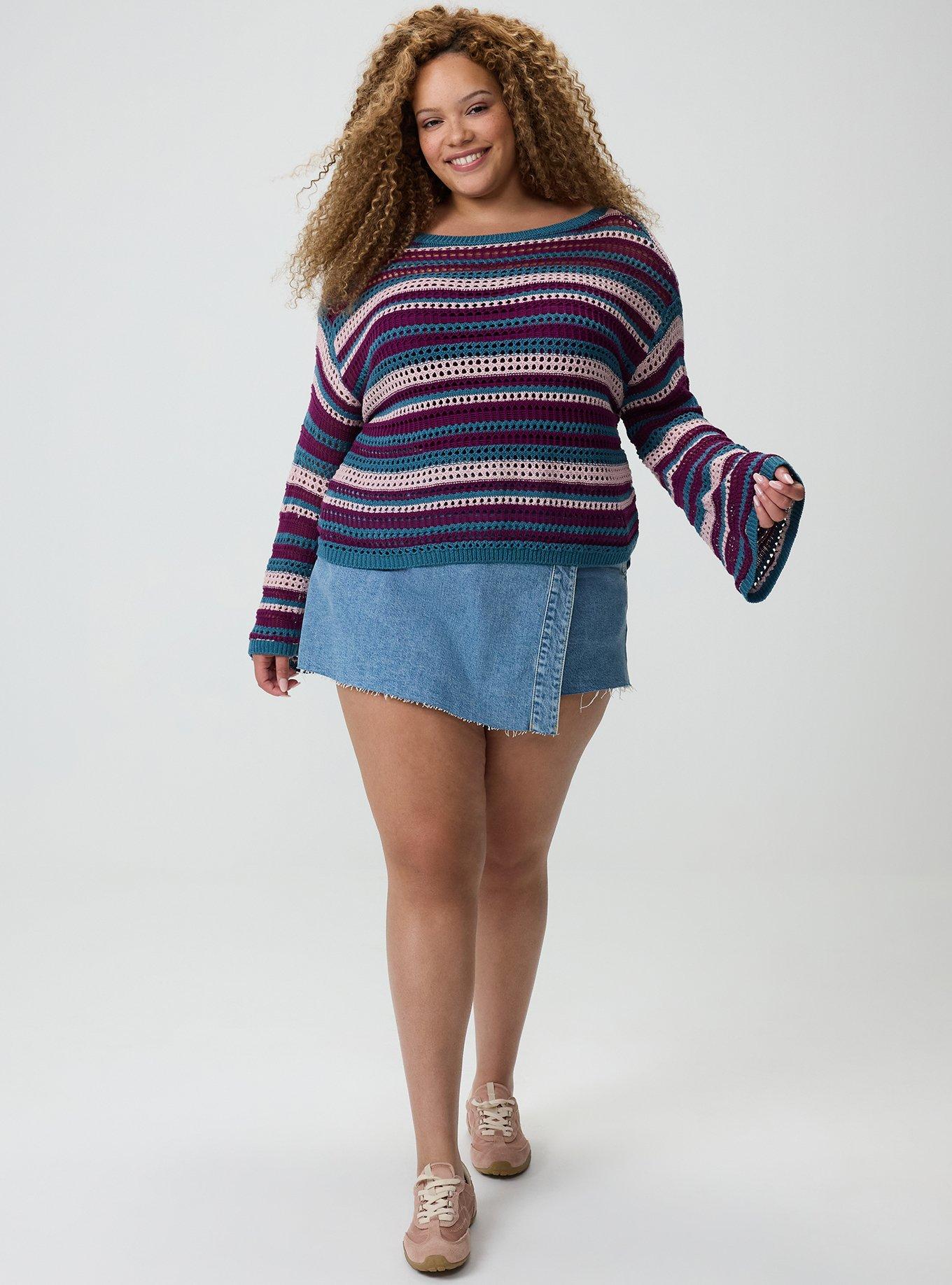 Open Stitch Pullover Sweater, POINTELLE PLUM CASPIA MULTI STRIPE, alternate