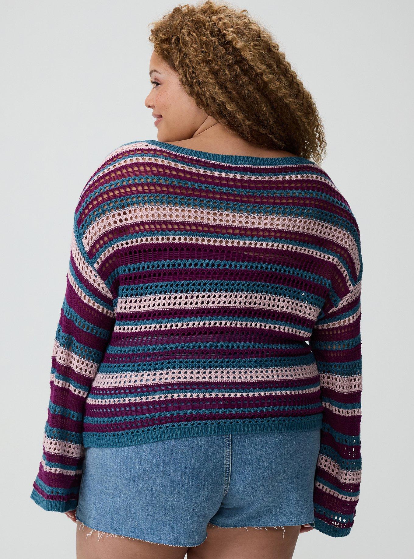 Open Stitch Pullover Sweater, POINTELLE PLUM CASPIA MULTI STRIPE, alternate