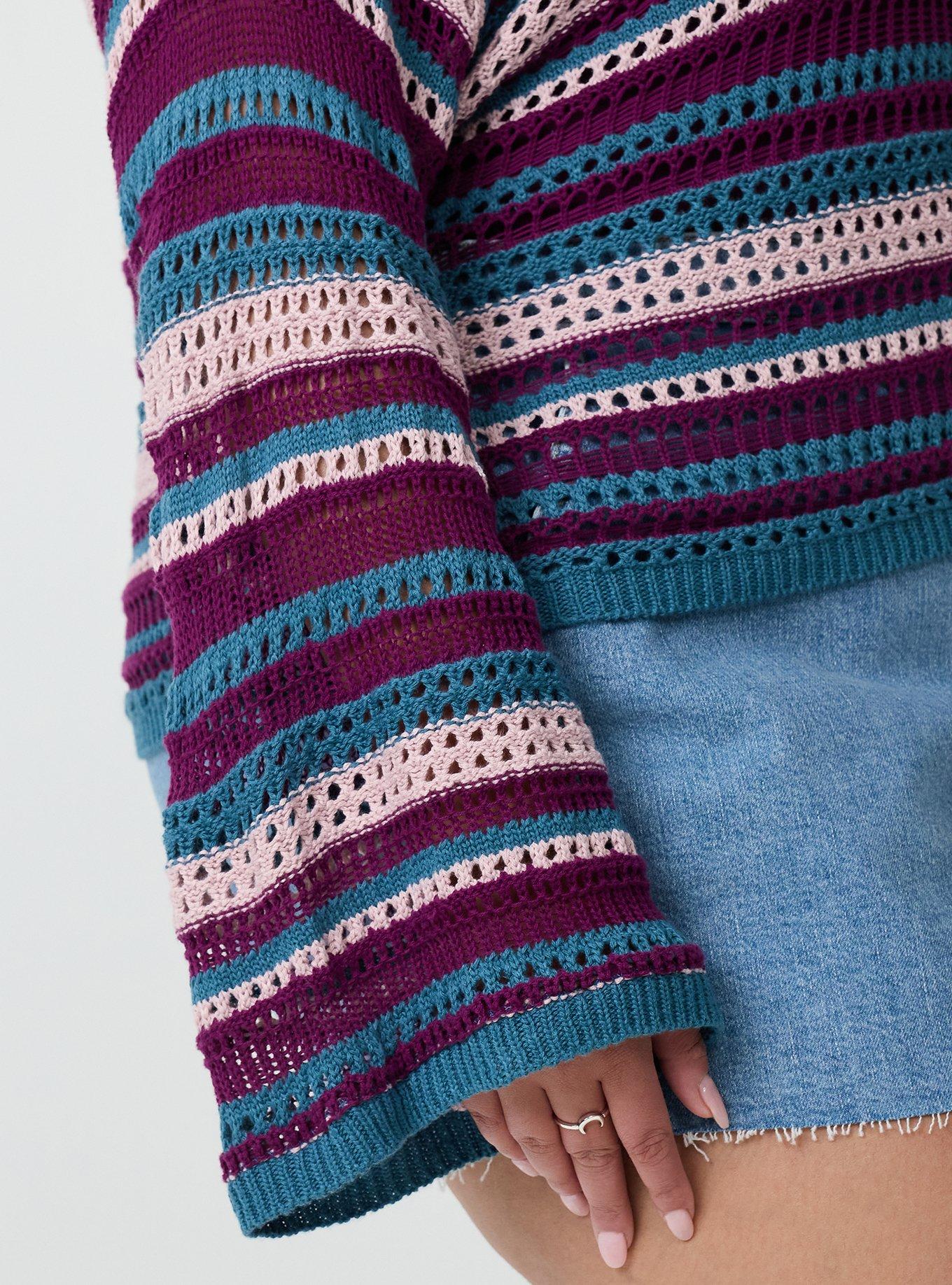 Open Stitch Pullover Sweater, POINTELLE PLUM CASPIA MULTI STRIPE, alternate