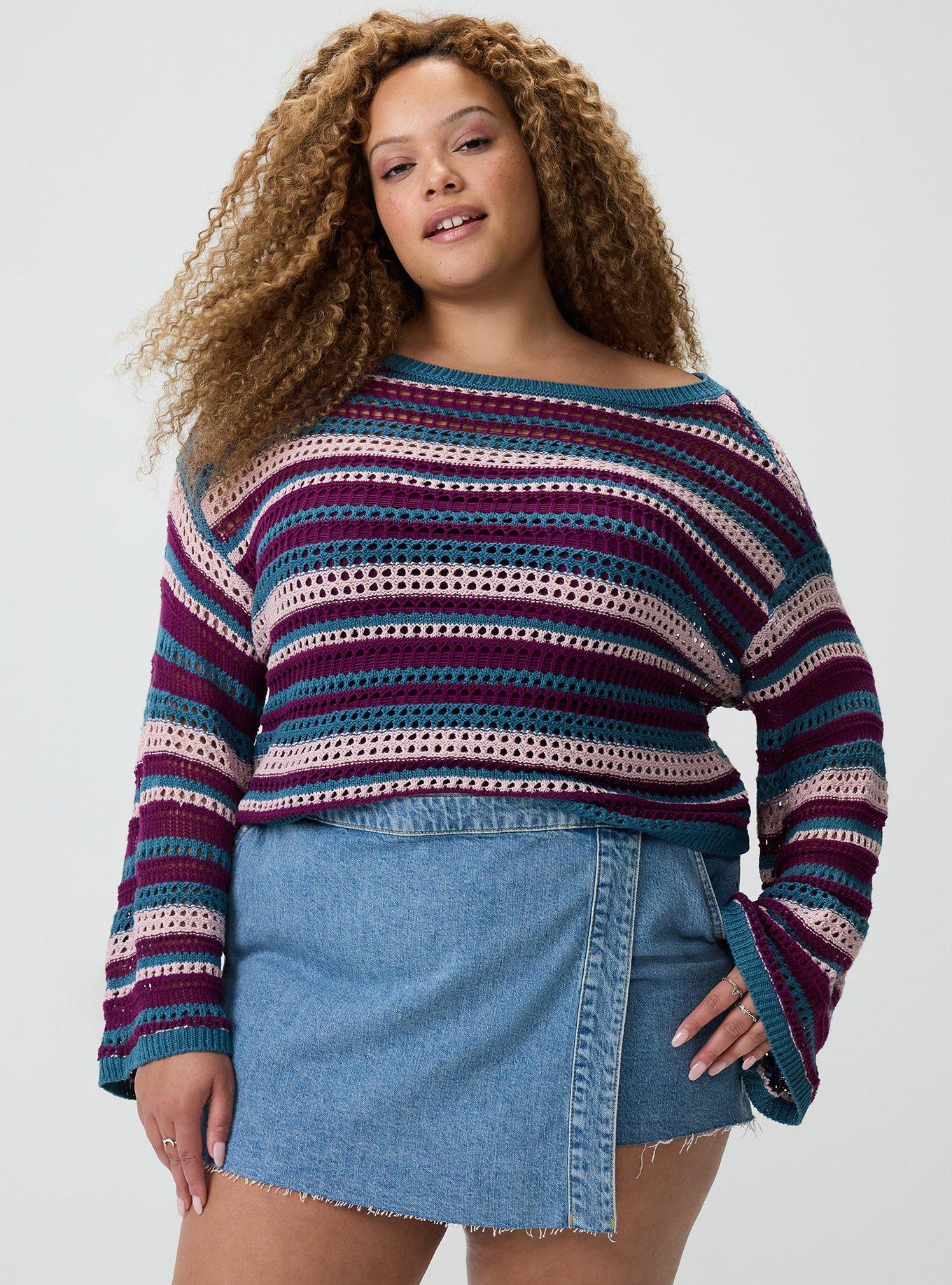 Open Stitch Pullover Sweater, POINTELLE PLUM CASPIA MULTI STRIPE, alternate