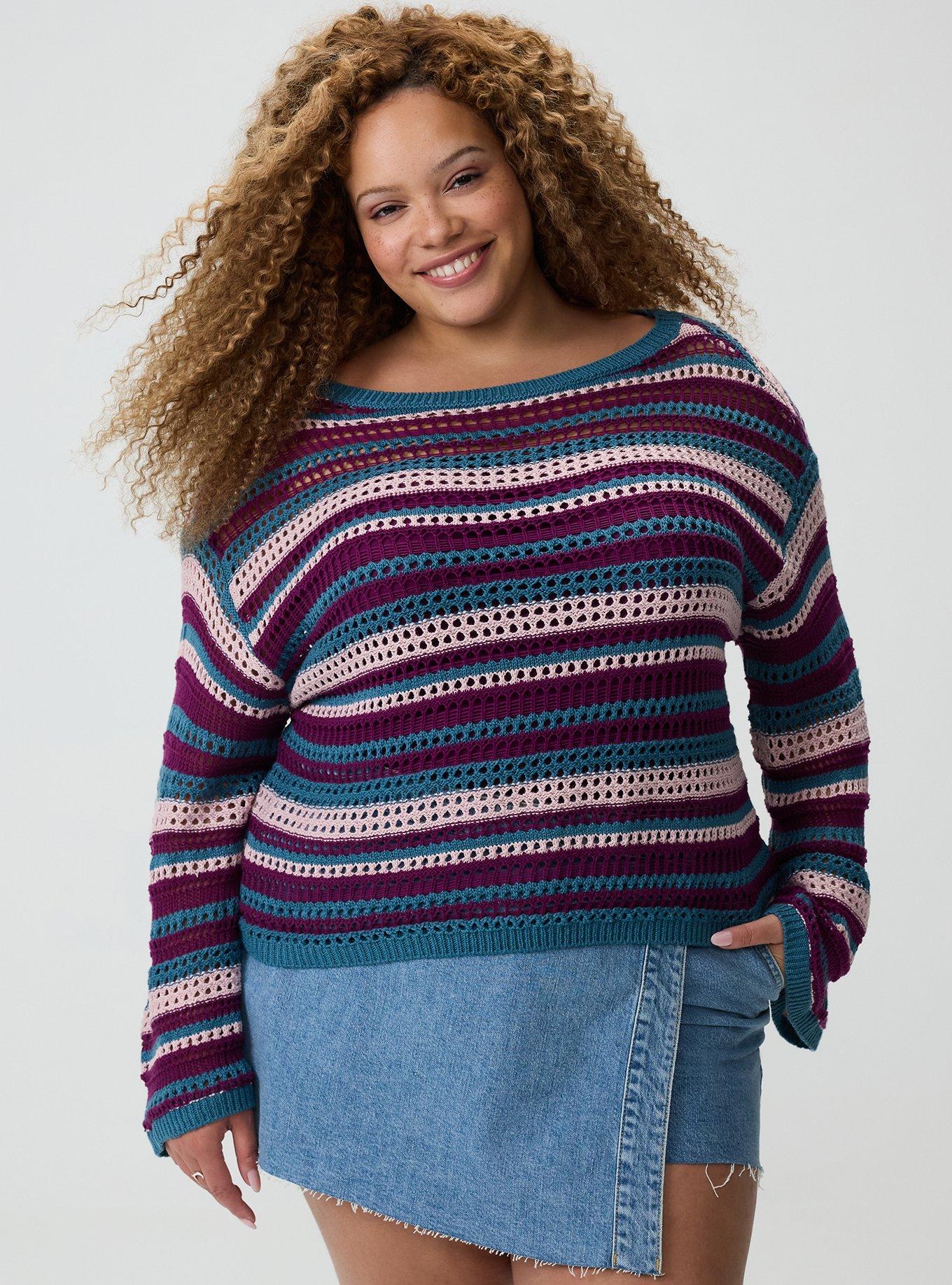 Open Stitch Pullover Sweater, POINTELLE PLUM CASPIA MULTI STRIPE, hi-res