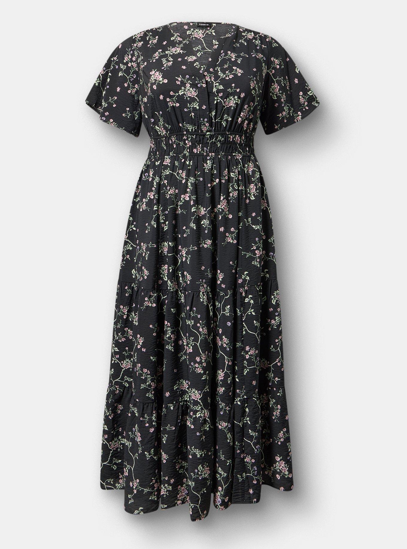 Y-Neck Tiered Maxi Dress, CRAWLING FLORAL BLACK, hi-res