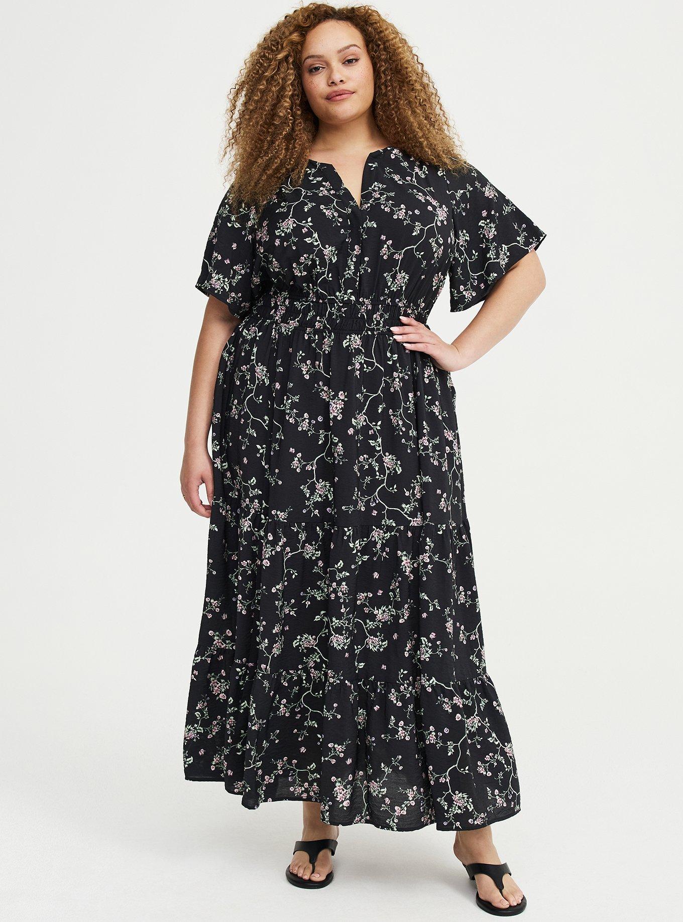 Y-Neck Tiered Maxi Dress, CRAWLING FLORAL BLACK, hi-res