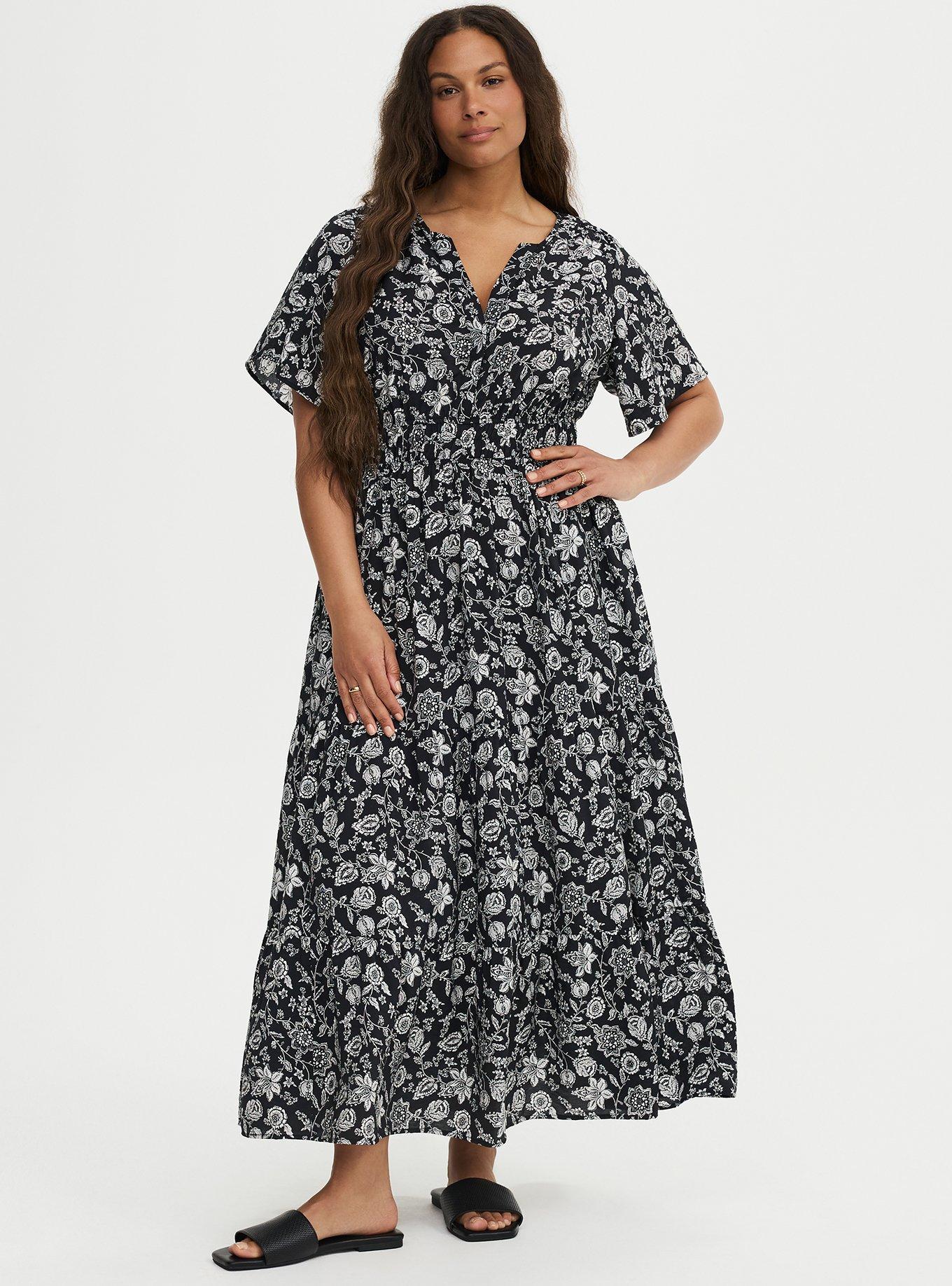 Y-Neck Tiered Maxi Dress, TRACY BANDANA BLACK, hi-res