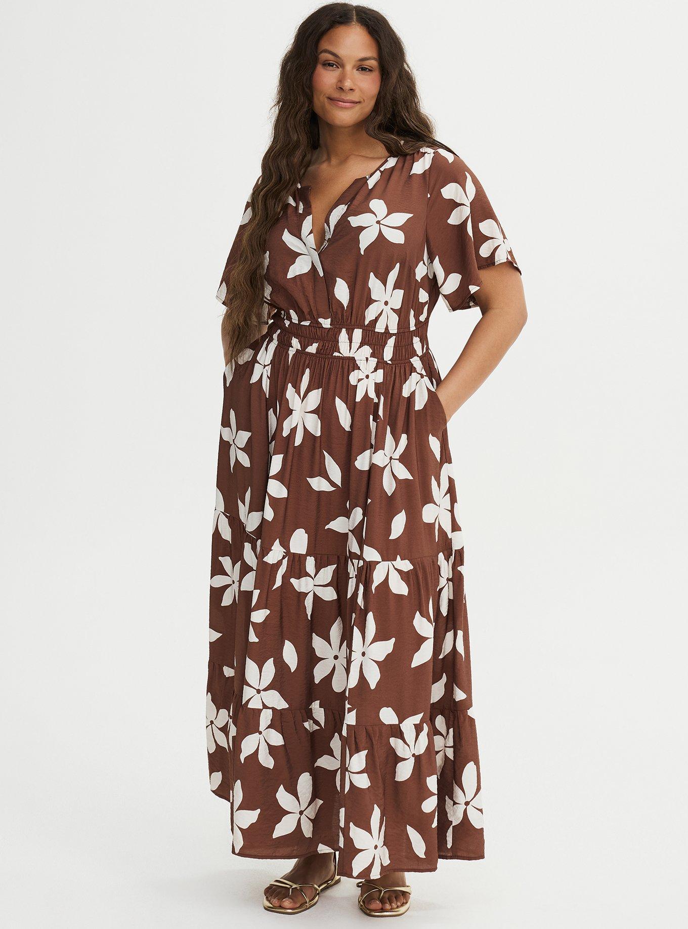 Y-Neck Tiered Maxi Dress, GABRIELLA FLORAL BROWN, hi-res