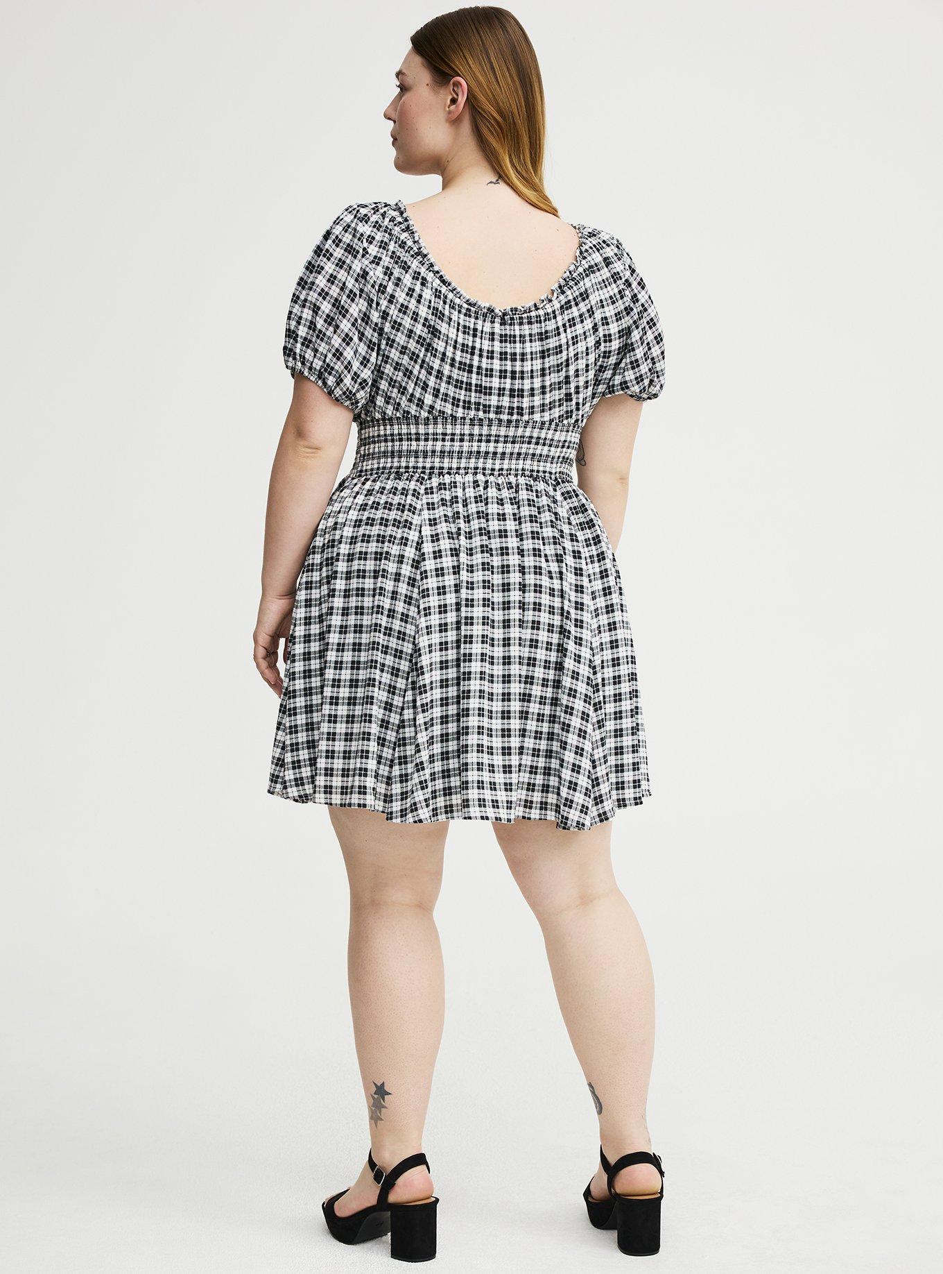 Crinkle Gauze Puff Sleeve Romper, ABBEY PLAID BLACK, alternate